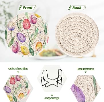 Aflyko Spring Coasters for Drink Watercolor Rainbow Tulip Coaster Set with Metal Holder Cotton Woven Coaster for Coffee Table Bistro Home Kitchen Island Housewarming Gift 6 Pack