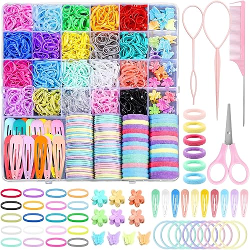 Hair Accessories for Girl, 1543 Pcs Elastic Hair Rubber Bands Set 20 Colors Elastic Hair Ties with Organizer Box Cotton Baby Hair Ties, Hair Tail Tools,Comb, Butterfly Hair Clips