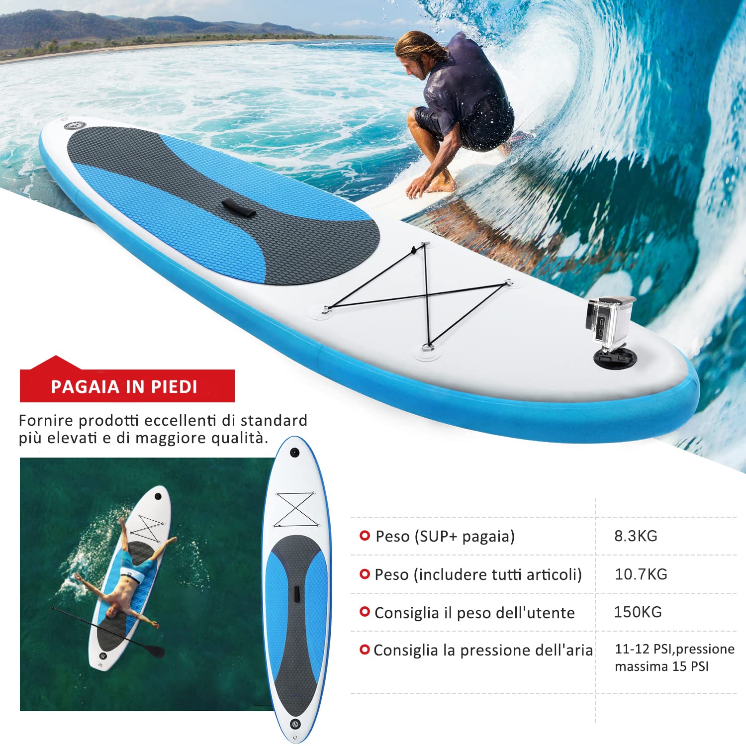 Tavola da Surf, Tavola Gonfiabile Spessa da SUP, Stand Up Paddle Board Gonfiabile, Set per Tavola da Surf con Pompa Pagaia Regolabile Accessori Completi, Blu e Bianco (300x76x10cm)