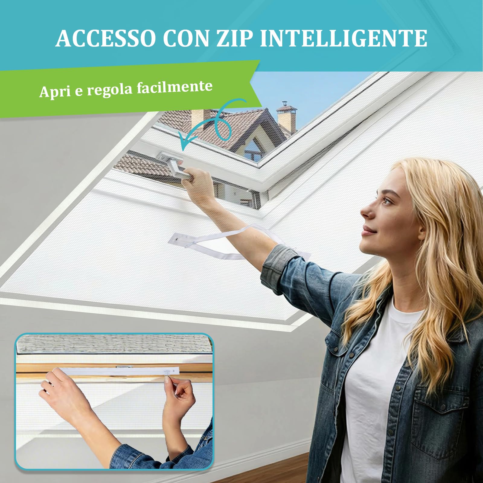 Apalus Zanzariera per Finestre 130x150CM con Zip per Accesso All'Esterno, Adatta per Finestra a Battente, con Taparelle o Persiane, Finestre a Bilico o Lucernari, Bianco, 1 Pezzo