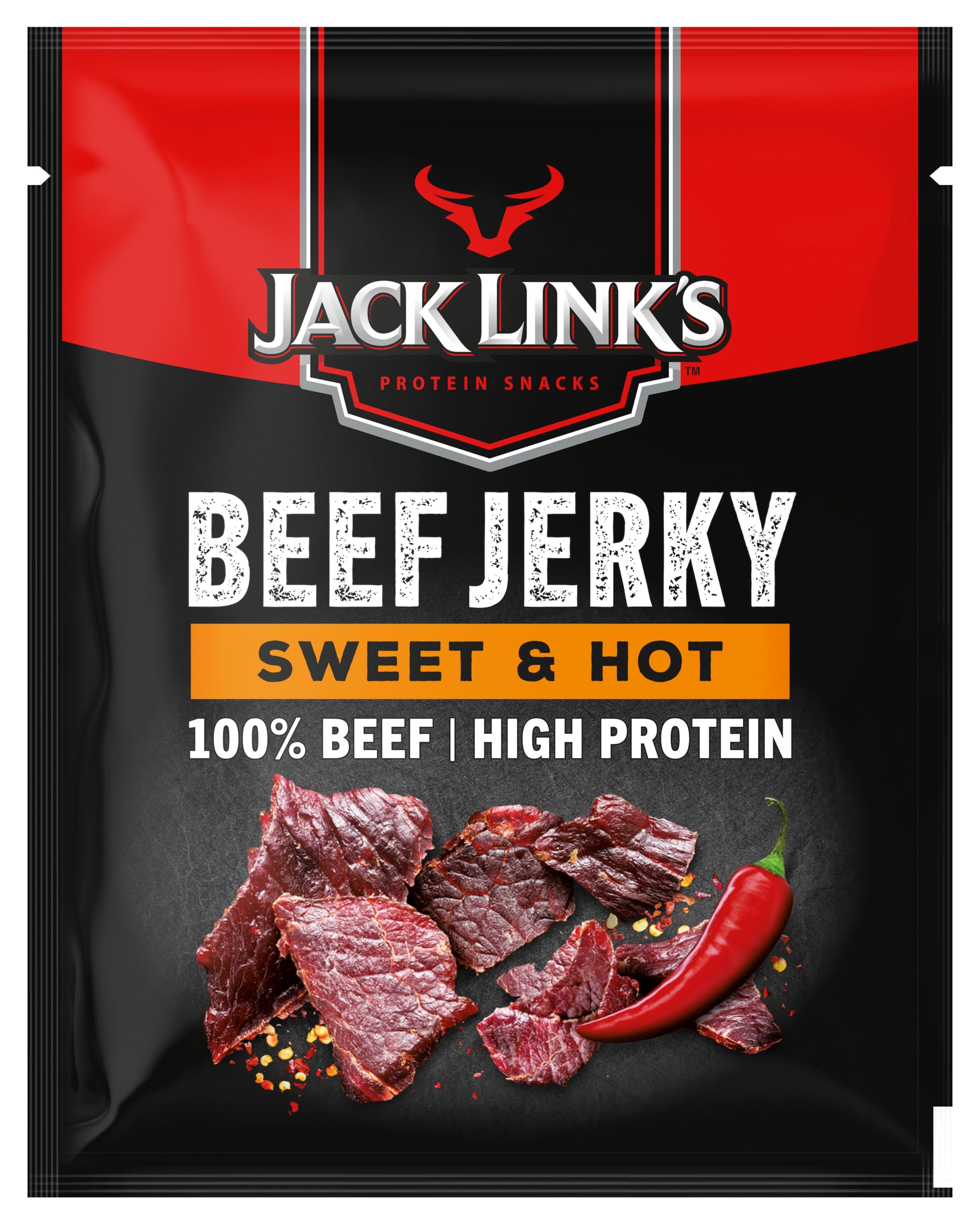 Jack Link’s Beef Jerky Sweet & Hot - 12-Pack (12 × 40 g) - Dried Meat Protein Snacks - High-Protein Snack for Gym, Fitness & Outdoor - American Food for People - Jerky Chips Made from Beef