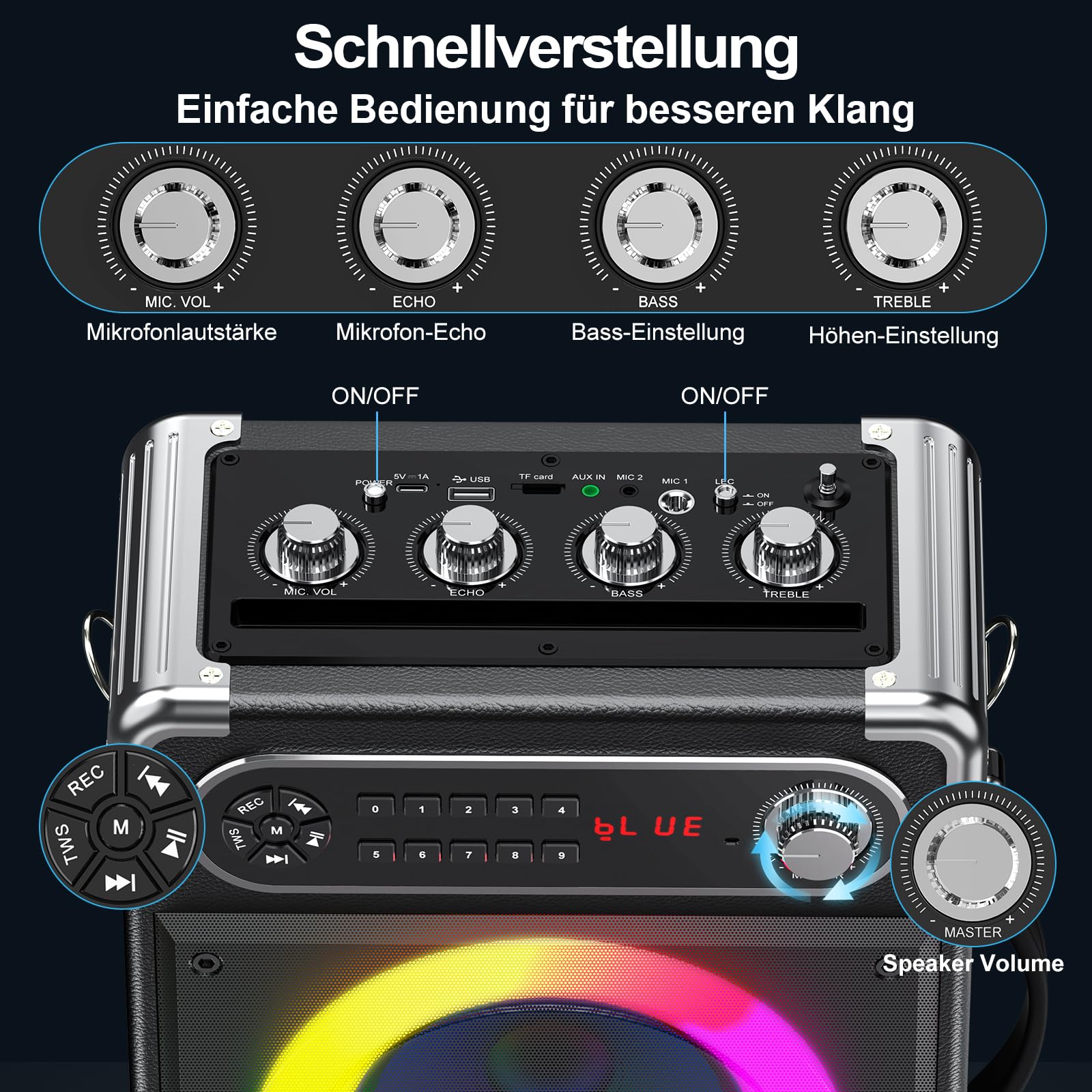 JYX Karaoke Maschine, Karaoke Anlage mit 3 Mikrofonen, Tragbare Bluetooth 5.3 Karaoke Box, 80W PA Anlage mit RGB-Lichtern, Bass/Höhen/Echo, TWS/FM/TV/AUX/USB/TF/Rec für Familie, Party, Outdoor