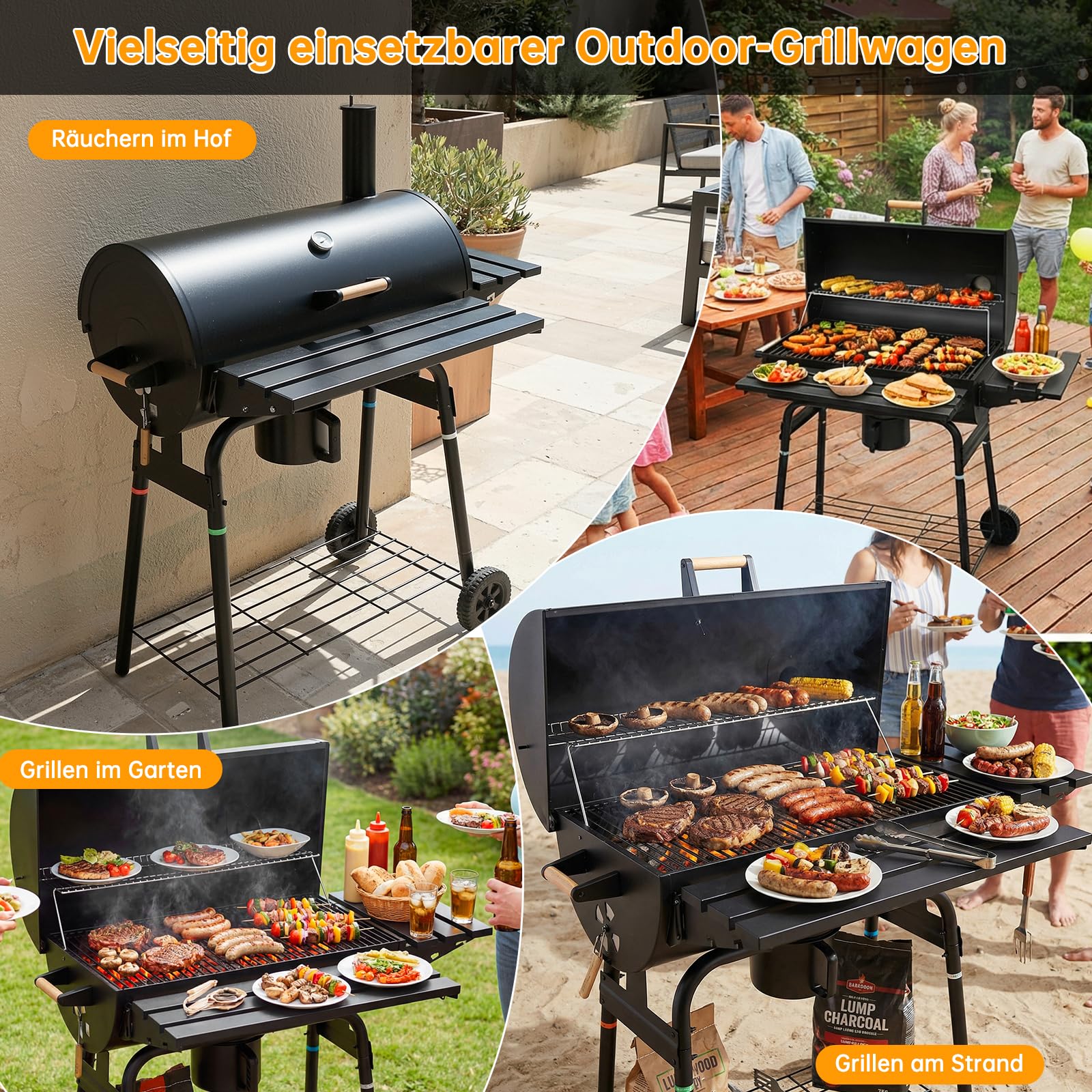 TLSUNNY Barbecue Charbon de Bois, Chariot à Grill avec Couvercle, Cheminée, Thermomètre, Bac à Cendres Amovible, Tablettes Pliables, 2PCS Roues, BBQ Fumoir pour Jardin et Camping, 6–8 Personen
