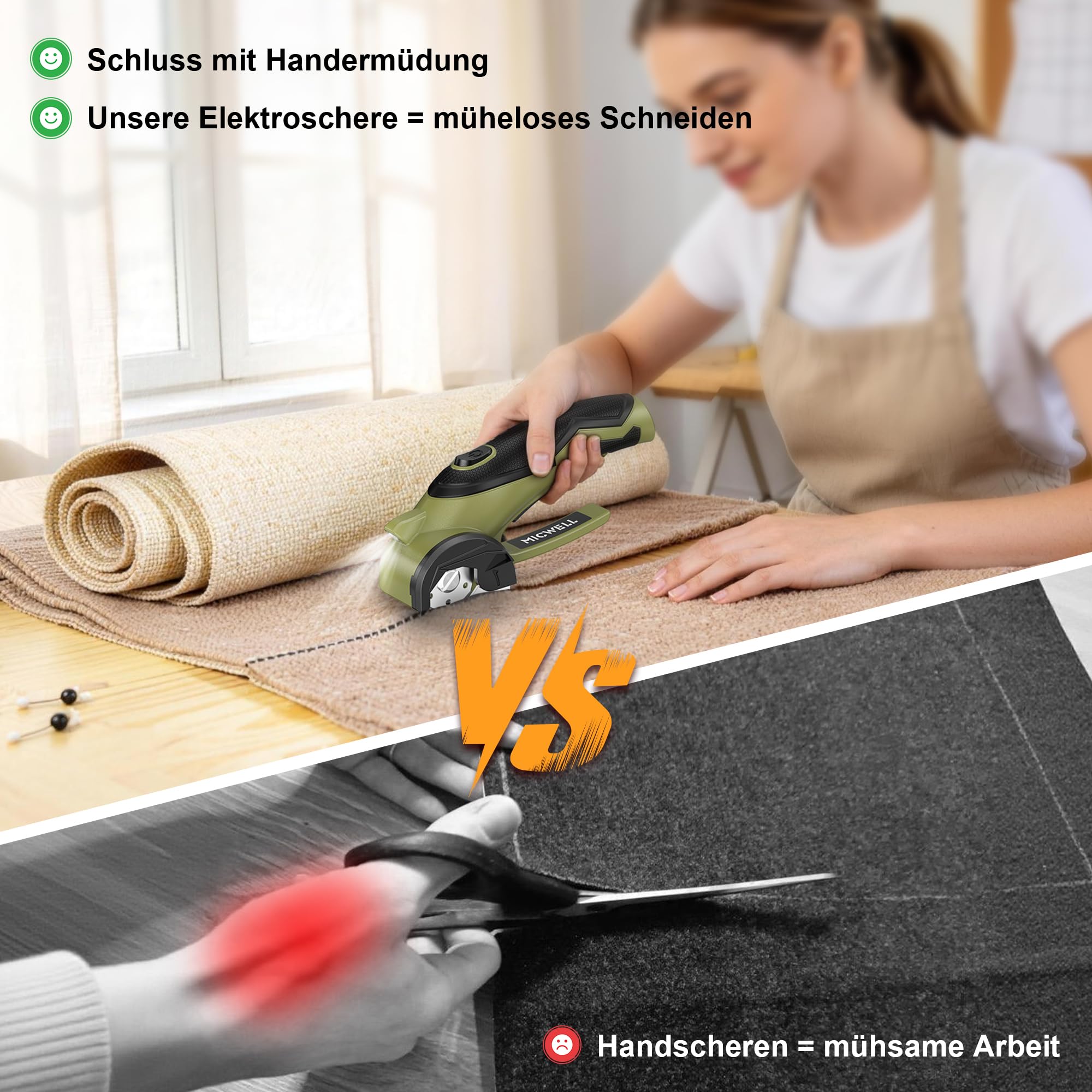 MICWELL Kartonschneider Elektrische Schere mit 4 Selbstschärfende Klingen - 4V Kabellose Rollschneide mit Sicherheitsschloss & LED-Licht, für Karton, Stoff, Leder, Kunststoff und Teppich