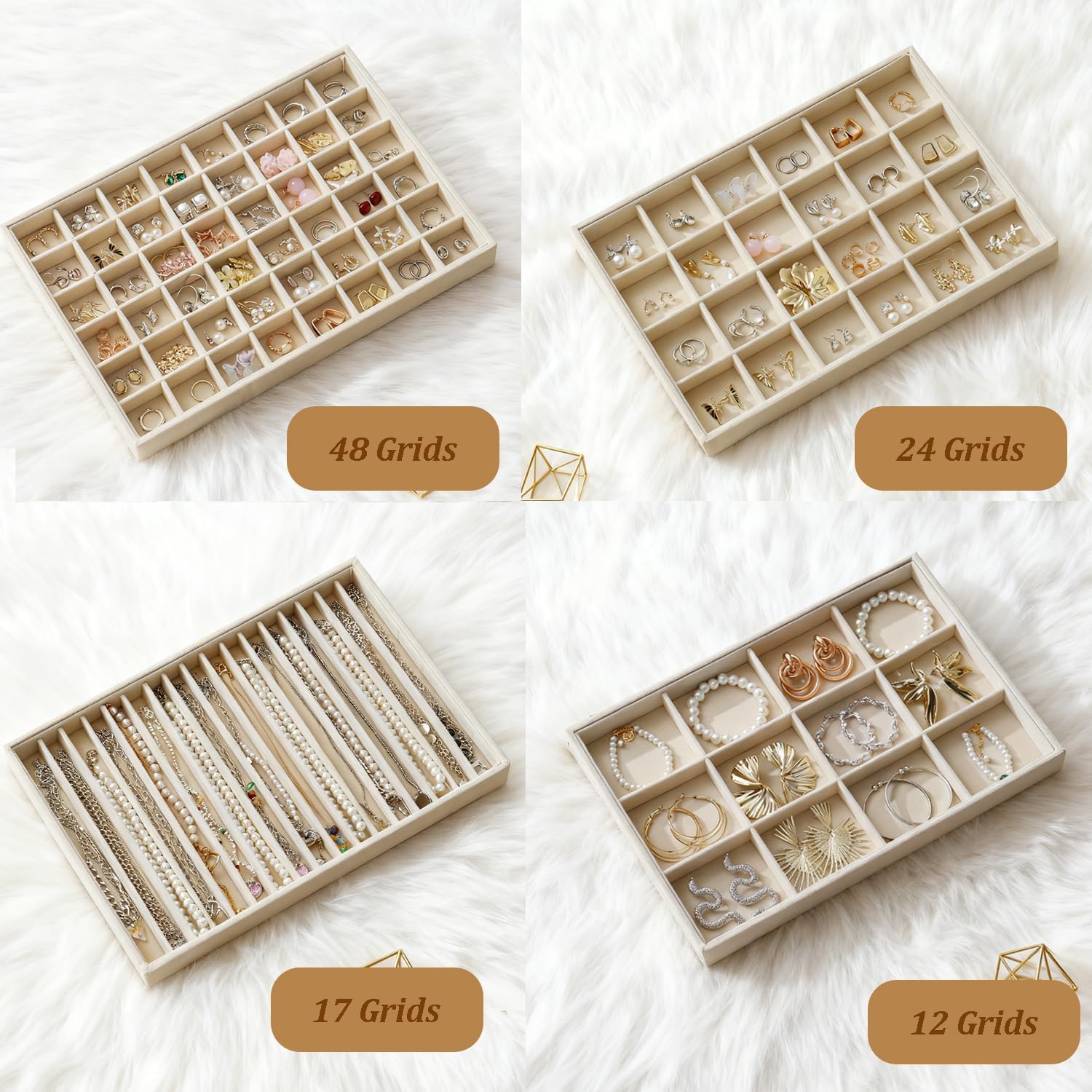 Large Jewelry Drawer Organizer Trays Set of 4, Stackable Velvet Jewelry Trays Organizer Holder Display Storage Showcase for Earring Necklace Bracelet Ring Accessary (Beige, 12+17+24+48 Grids) - Image 4