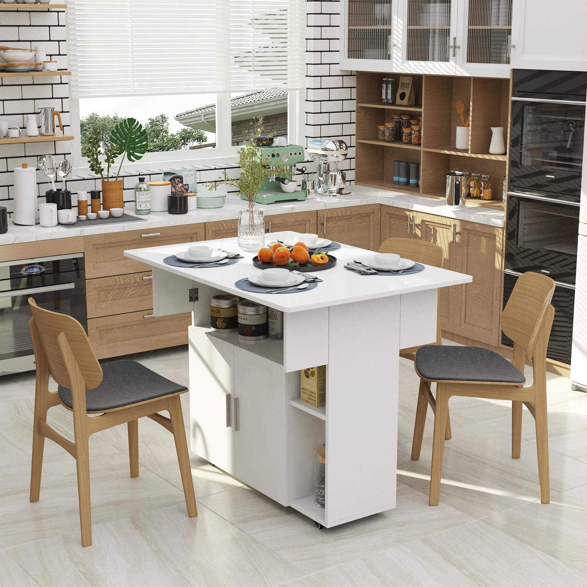 Mesa Plegable Cocina Móvil para Comedor Salón Escritorio, Blanco | 100x70x78cm Mesa Comedor Plegable con Amplio Espacio de Almacenamiento, Ruedas Giratorias y con Bloqueo, para 2-4 Personas