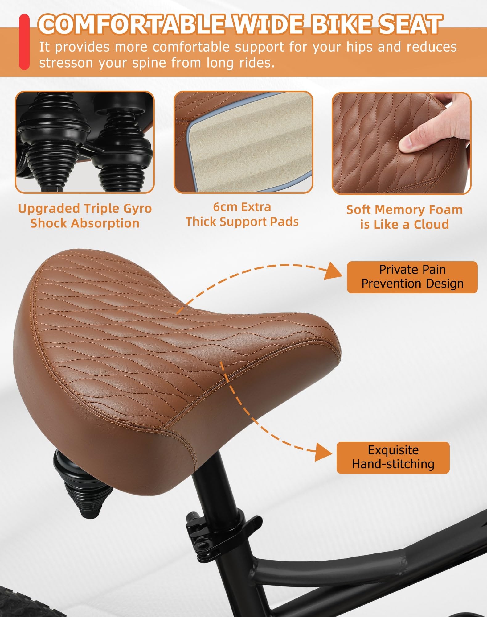 CDYWD Selle de Velo Ultra Confortable Homme et Femme, Large, avec Suspension, Rembourrage Épais et Doux, Ergonomique, Rétro Selle Confort Velo pour VTT, Vélo de Ville, Ebike, Vélo Stationnaire
