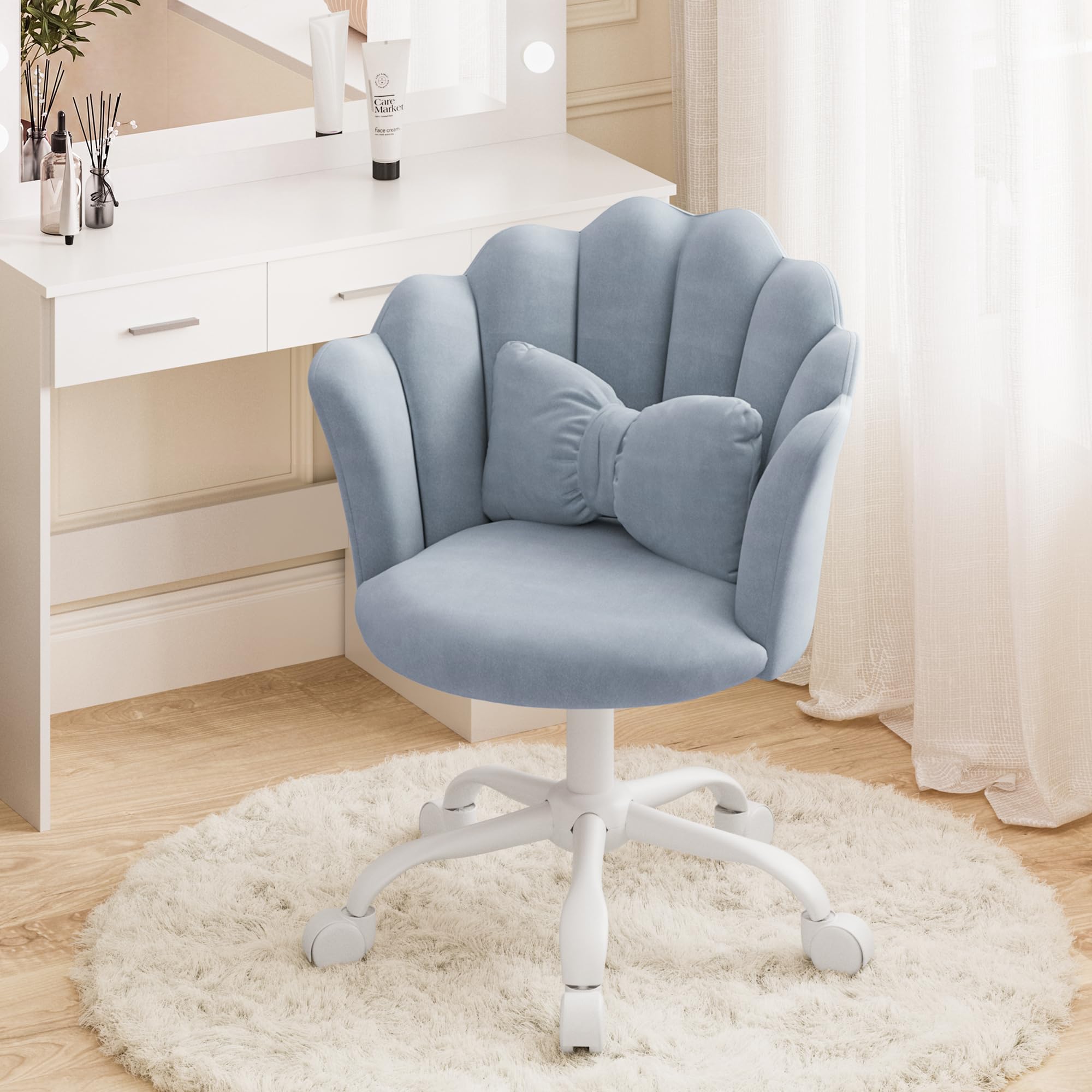 Vanity Chair with Wheels, Velvet Swivel Desk Chair with Padding Pillow