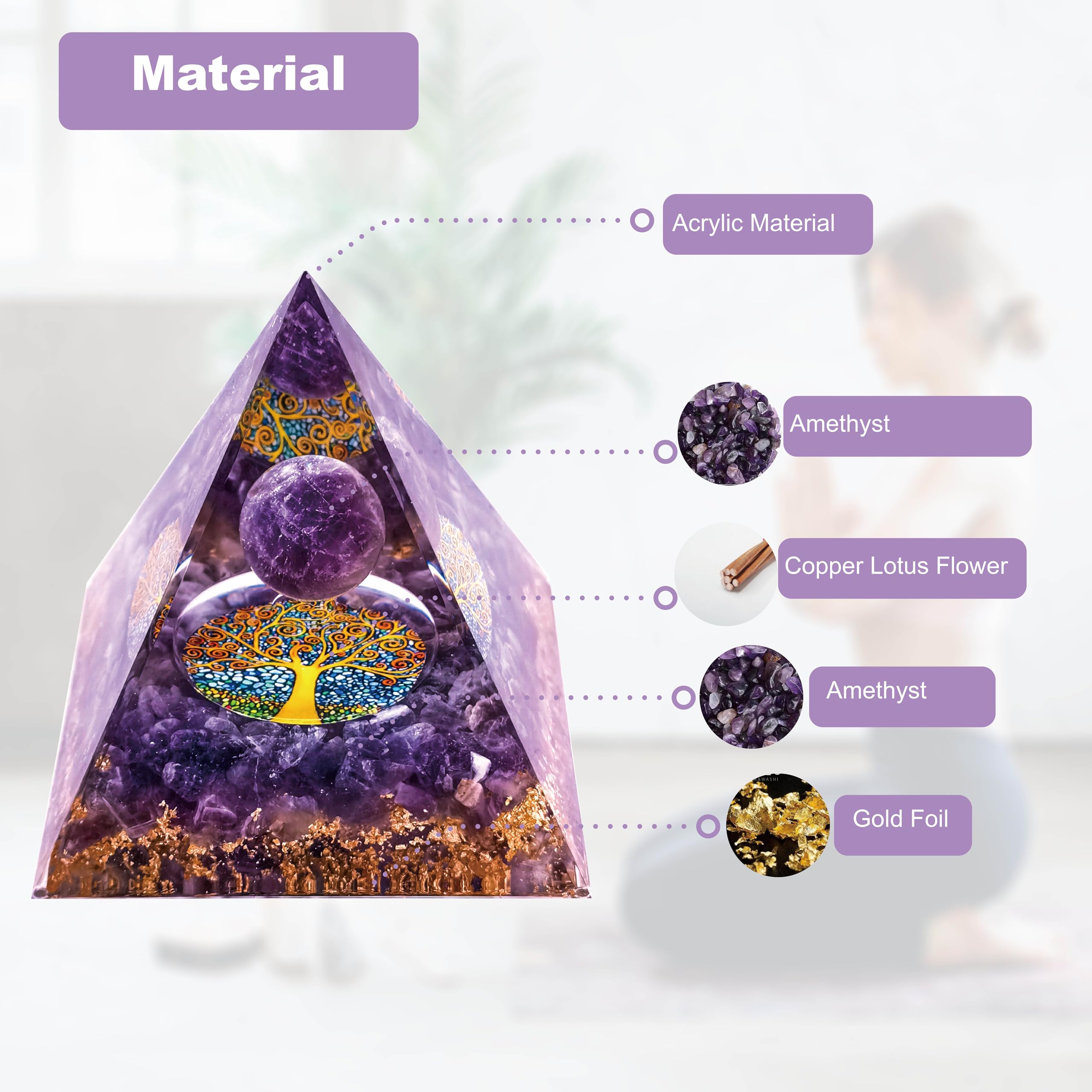 VNSTKWW Moonstone Crystal Orgone Pyramid Ogan Crystal Energy Tower Nature Reiki Chakra Crushed Stone Jewelry Flower of Life Crystal Orgonite Pyramid Healing Chakra Pyramid (violet) - Image 3