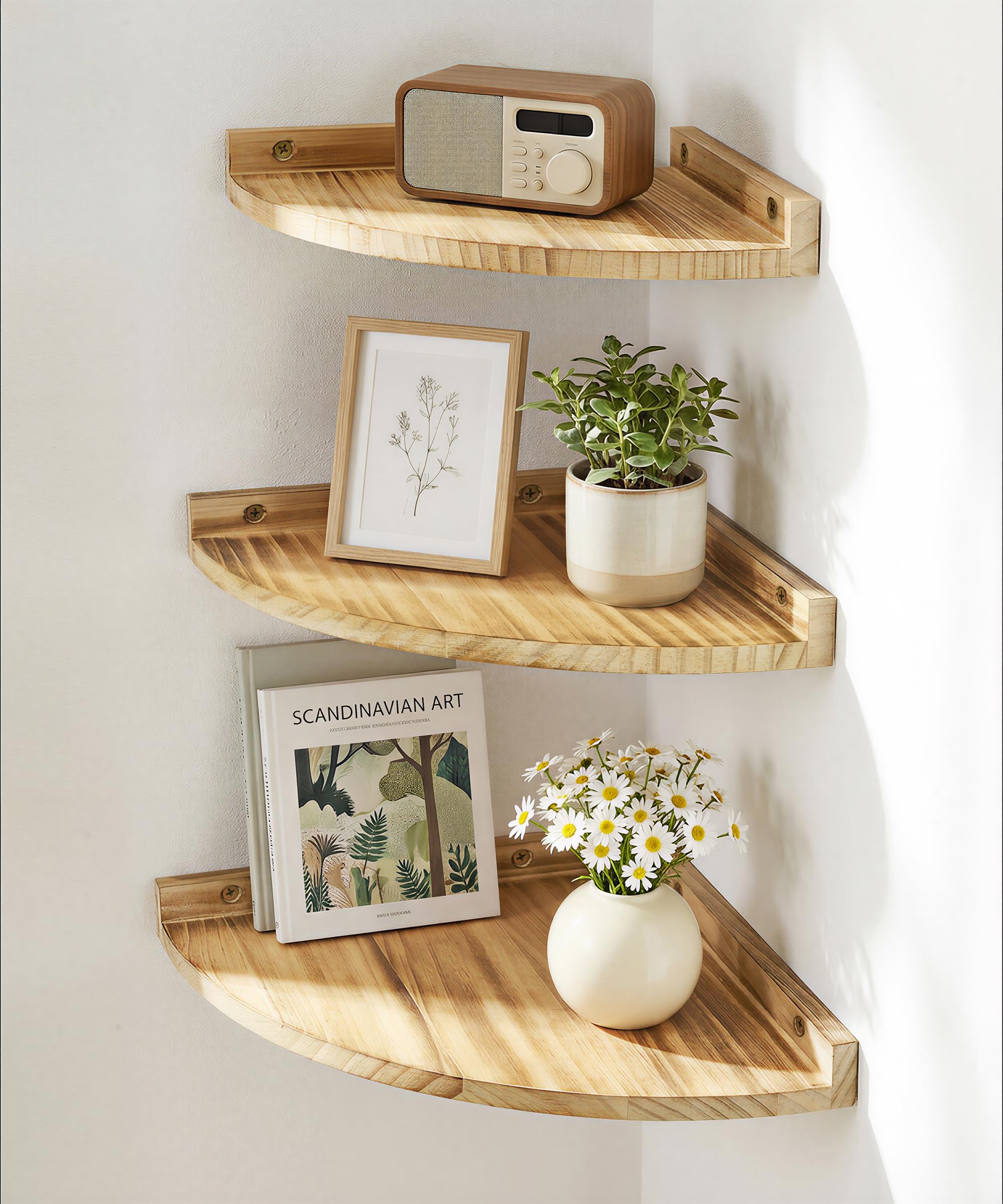 Étagères d’Angle Murales en Bois Style Vintage pour Salon Lot de 3 | Tablettes indépendantes suspendues, Passe-câble arrière,pour plantes, cadres et déco, salle de bain, cuisine, chambre