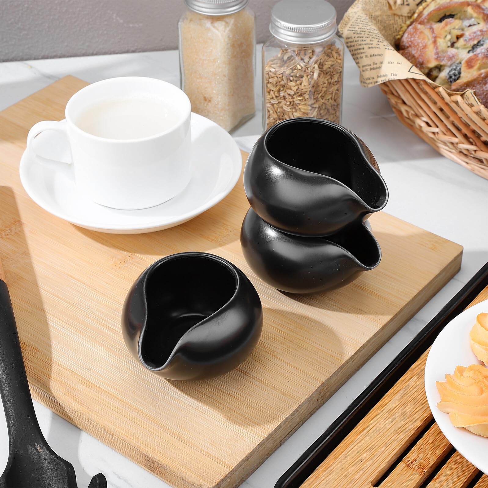DOITOOL Jarra de Cerámica Negra para Leche y Crema Diseño Vintage y Antideslizante, Pack de 3 Unidades Adecuado para Servicio de Café y Barbacoa al Aire Libre