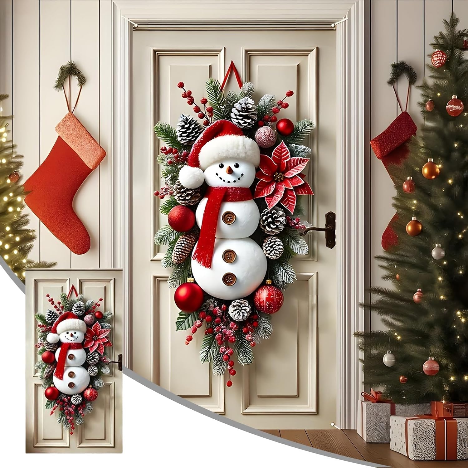 Snowman Door Cover Christmas Door Hanging Banner Backdrop Polyester Christmas Front-Door Decorations 90x180cm for Xmas Home Shop Indoor Outdoor Decor
