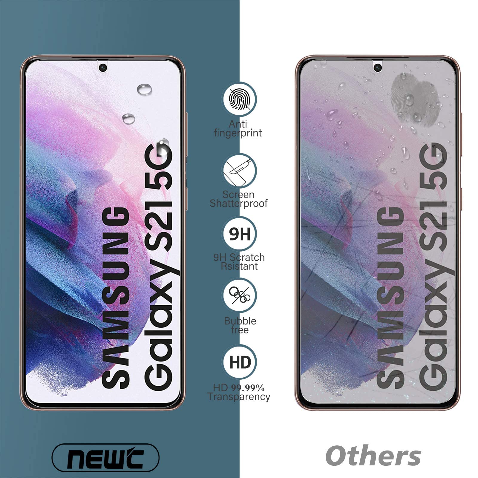 NEW'C 3 sztuki Szkło dla Samsung Galaxy S21 5G (6.2 Cala) Hartowane i Folia Ochronna Ochraniacz Ekranu - Bez pęcherzyków powietrza, odporność na zarysowania