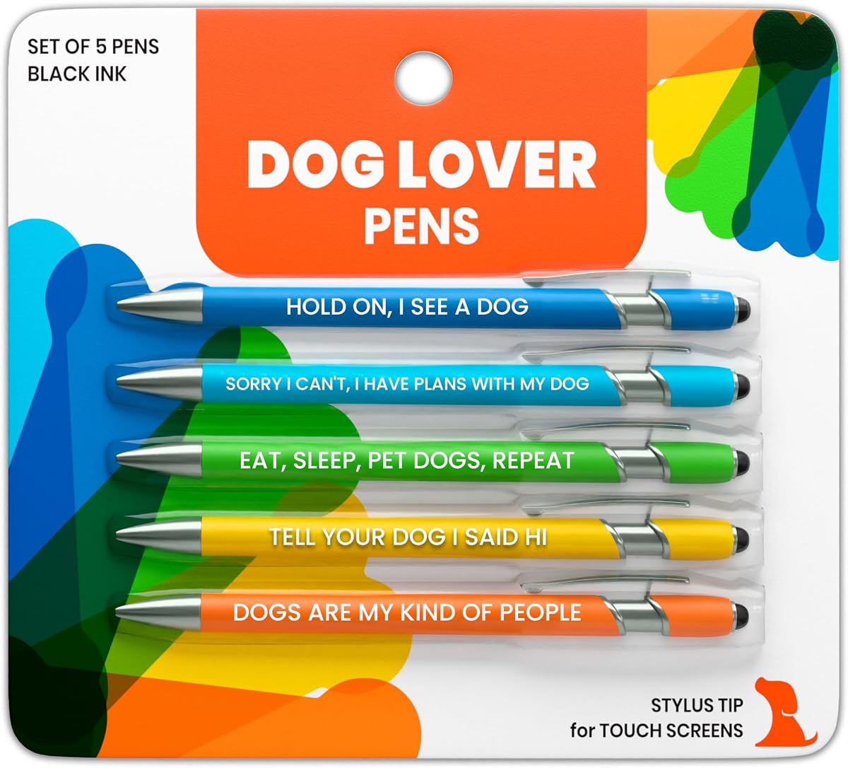 Funny Dog Lover Gift Pen Set, 5 Black Ink Ballpoint Pens, Stylus Tip | Smooth Writing, Metal Barrel, Doggy-Themed Quotes, Gift for Friends, Vet Tech, Pet Owner, Coworker, Birthdays