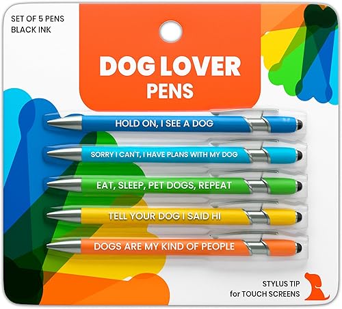 Funny Dog Lover Gift Pen Set – 5 Black Ink Ballpoint Pens - Christmas Gifts For Friends Who Love Pets