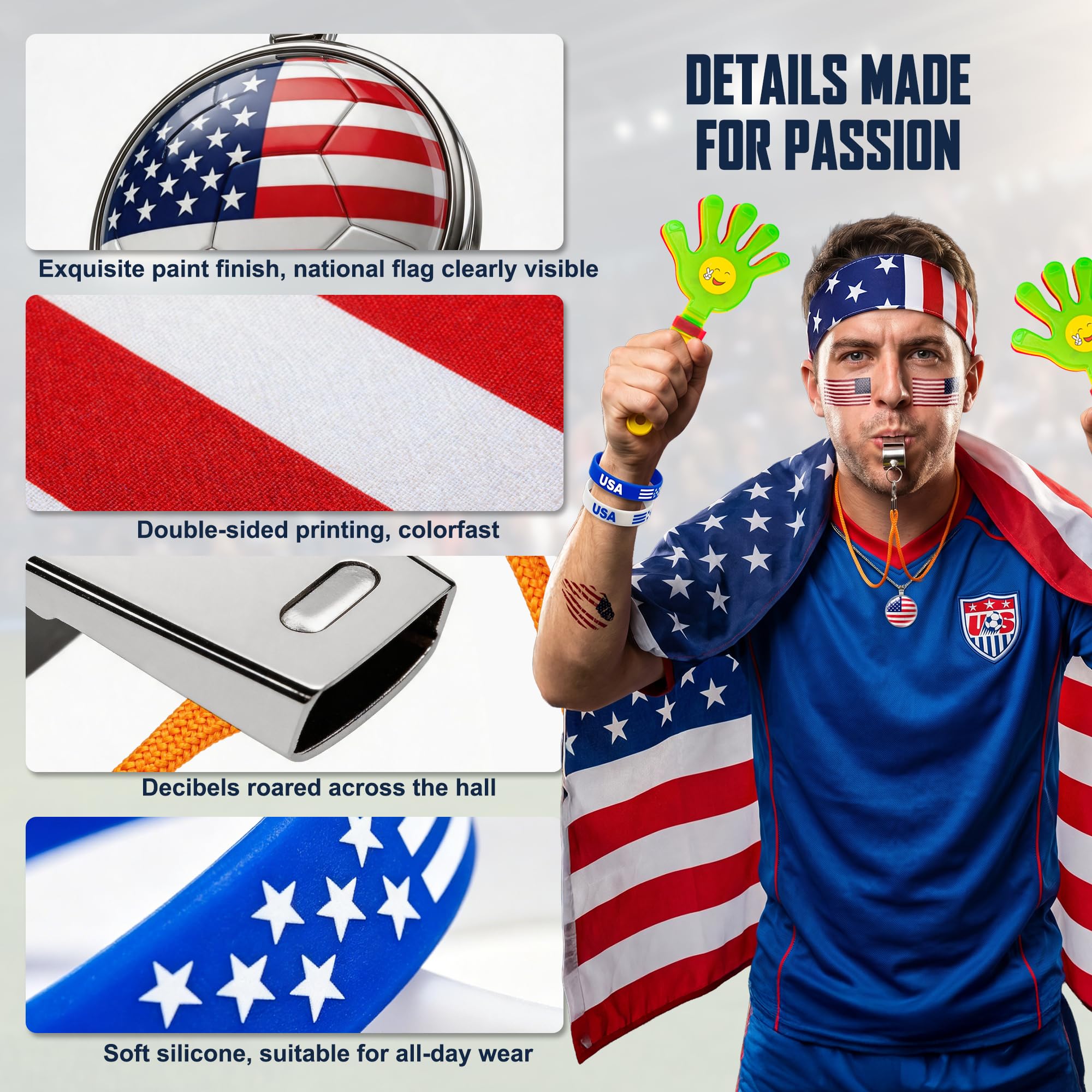 2026 World Cup Fan Accessories Kit 7PCS, Soccer Support Gear Set for Enthusiasts, Flag, Necklace, Wristband, Headband, Clapper, Whistle & Decals, for Watch Party & Stadium Events (United States) - 3