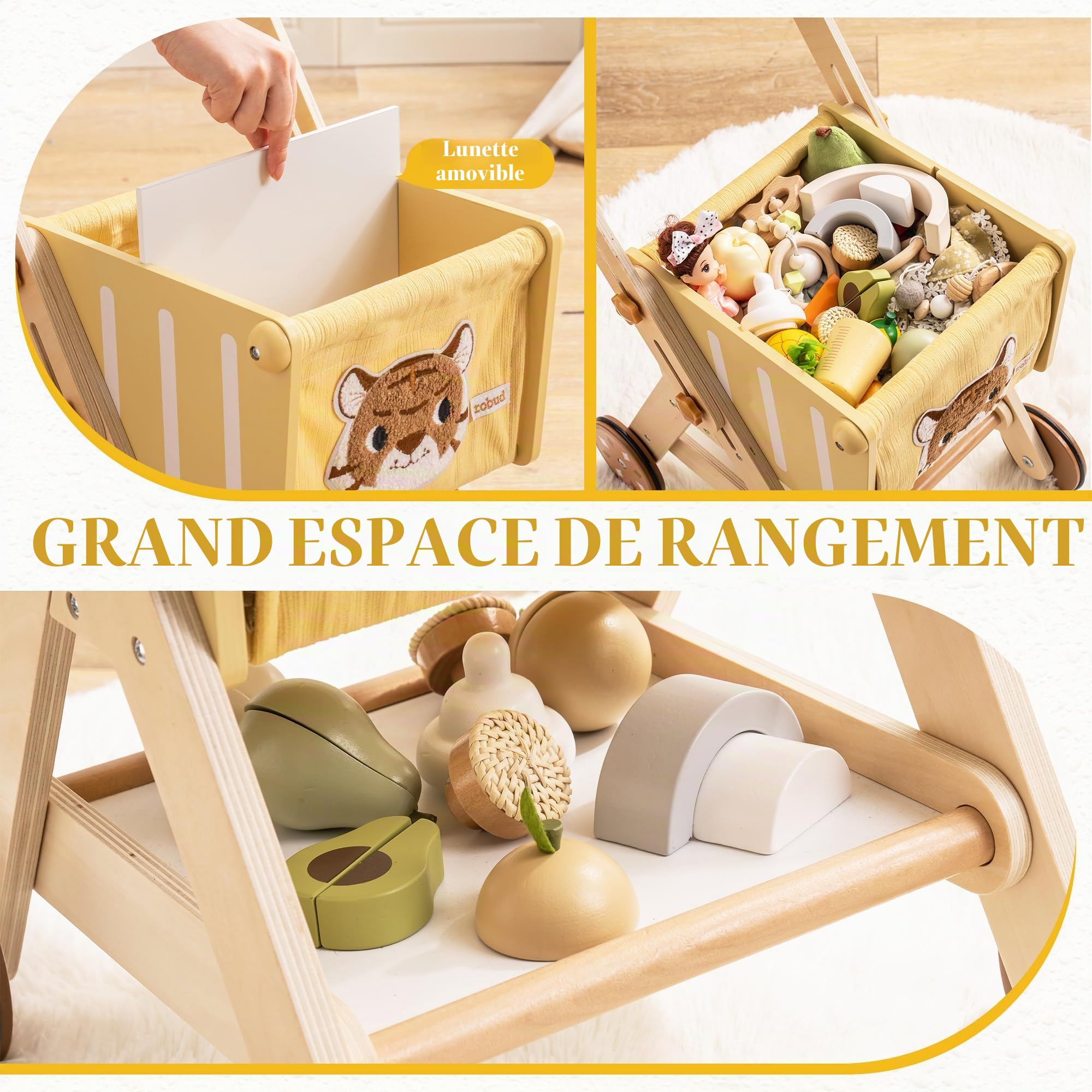 ROBUD Poussette en Bois pour bébés - Chariot de Courses pour Filles et garçons, Hauteur réglable pour Enfants et Tout-Petits, Jouets d'apprentissage pour Enfants de 10 Mois à 1 an