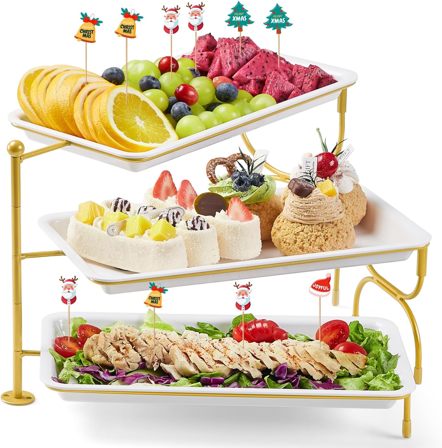 Lifewit 3-Tier Plastic Serving Plate, 30 x 17 cm, White Tray Serving Tray with Yellow Metal Rack, 3 Tiers for Vegetables, Fruits, Biscuits, Desserts, Buffet Party Accessories
