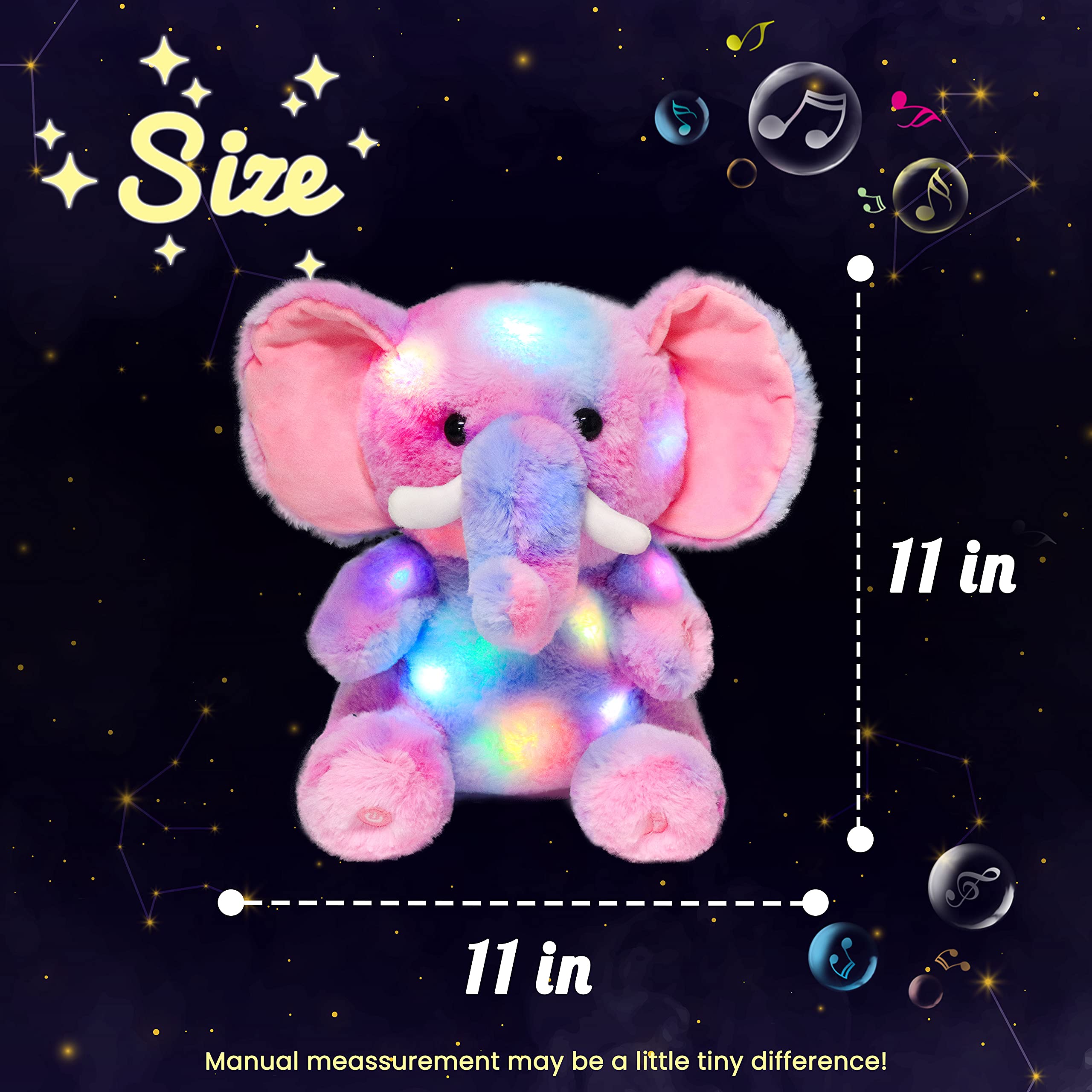 Hopearl Peluche Musicale à LED Multicolore - Éléphant Lumineux - Peluche chantante - Réglage du Volume - Berceuse animée - Apaise - Fête d'anniversaire pour Enfants en Bas âge - Arc-en-Ciel - 28 cm