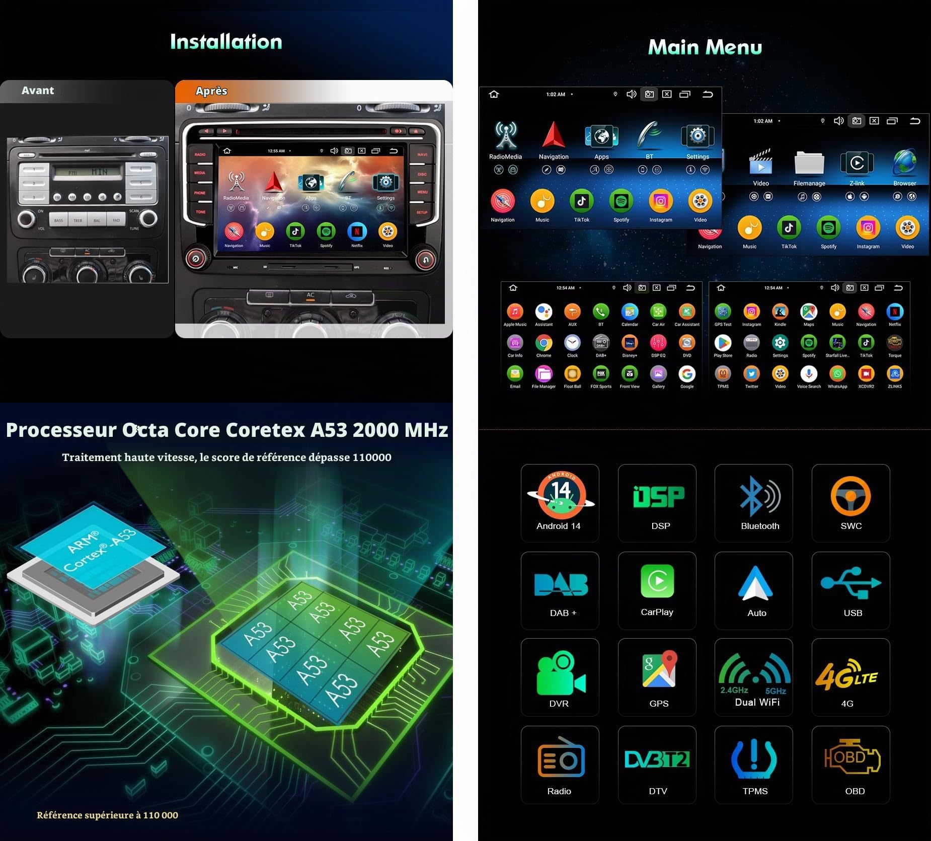 Autoradio Android 16 pour VW Passat Caddy Golf 5 6 Tiguan Bora Skoda Superb | Navigation GPS Carplay Android Auto DSP Bluetooth A2DP DVB-T/T2 WiFi Dab+ 8 cœurs 4 Go 64 Go