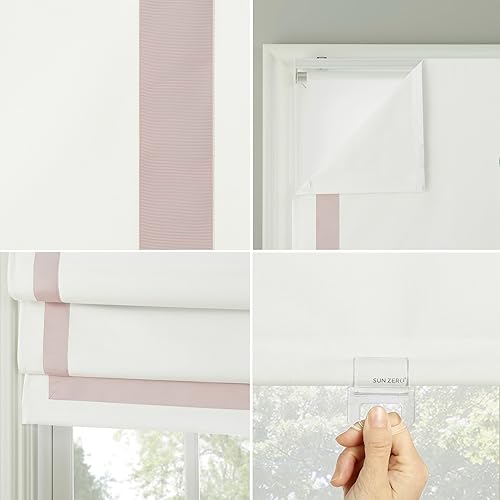 Miniatura 3 de Sun Zero Marline - Persiana romana sin cordón, 100 % opaca con borde de cinta rosa, 31 x 64 pulgadas, rosablanco