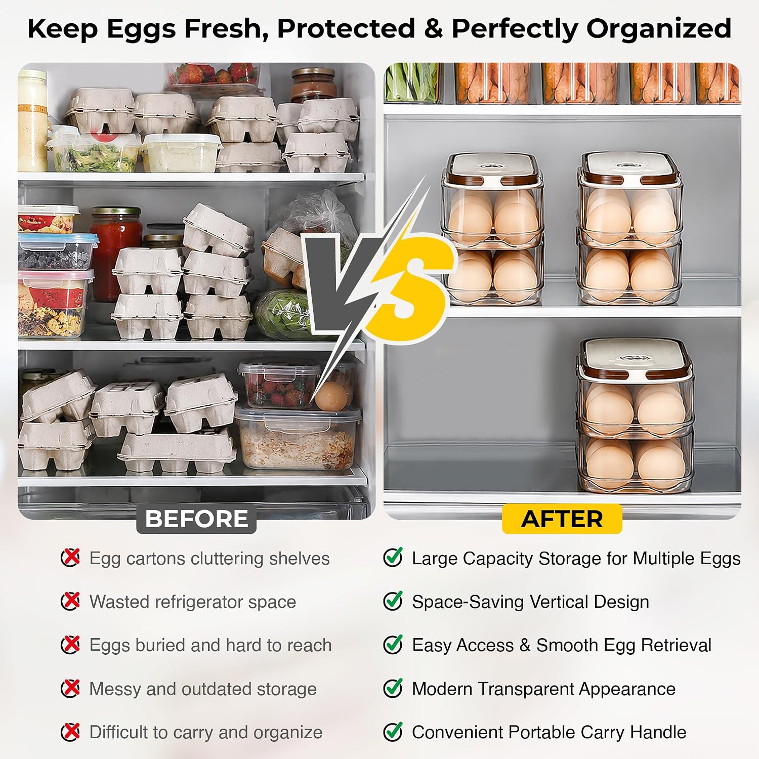 ALKAMI Egg Holder for Fridge, Rolling Egg Dispenser, 42 Eggs, 3-Tier