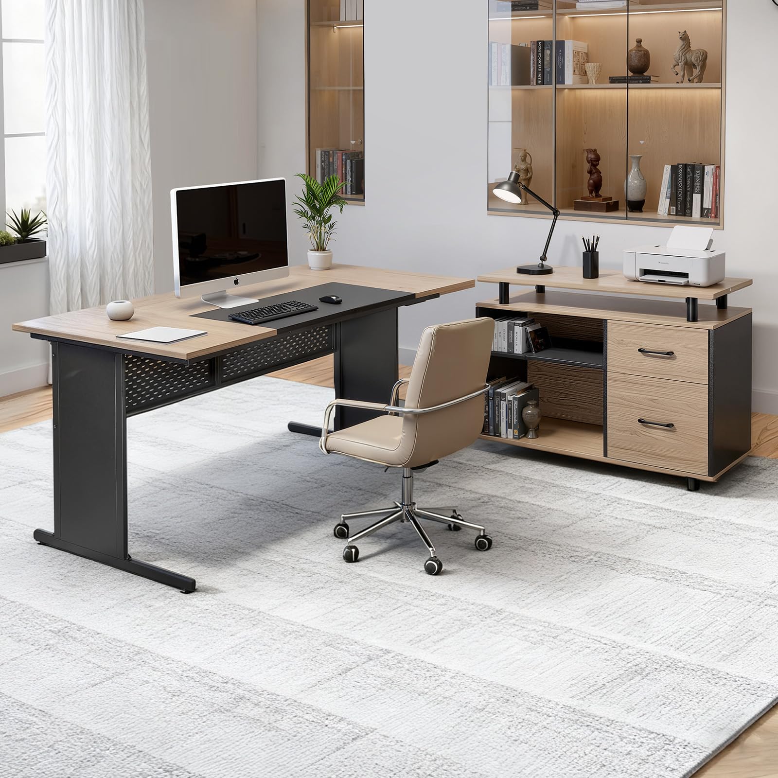 VEVOR Bureau de Direction en L, Charge de 158,7 kg, Bureau d'ordinateur Moderne et réversible avec tiroirs et Armoire de Rangement, Grande Table d'étude en Bois Robuste, pour Travail et écriture