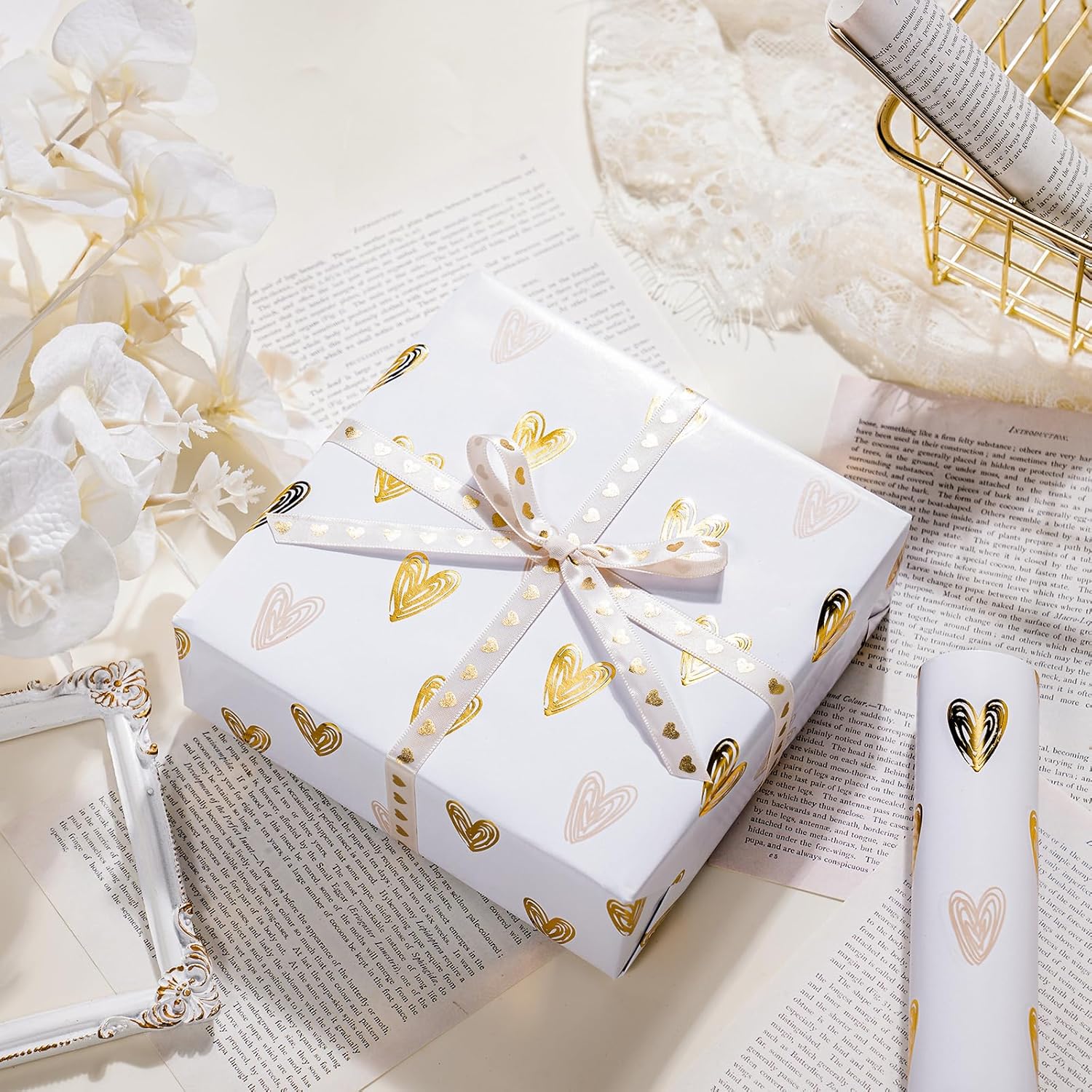 WRAPAHOLIC 30 Inch Heart Wrapping Paper Roll - 30 Inch x 16.5 Feet - Gold Foil Heart Design for Valentines Day, Wedding, Bridal Shower, Birthday, Baby Shower