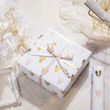 RUSPEPA Heart Wrapping Paper Roll - Mini Roll - 43.2cm x 5m - Gold Foil Heart Design for Valentines's Day, Wedding, Bridal Shower, Birthday, Baby Shower