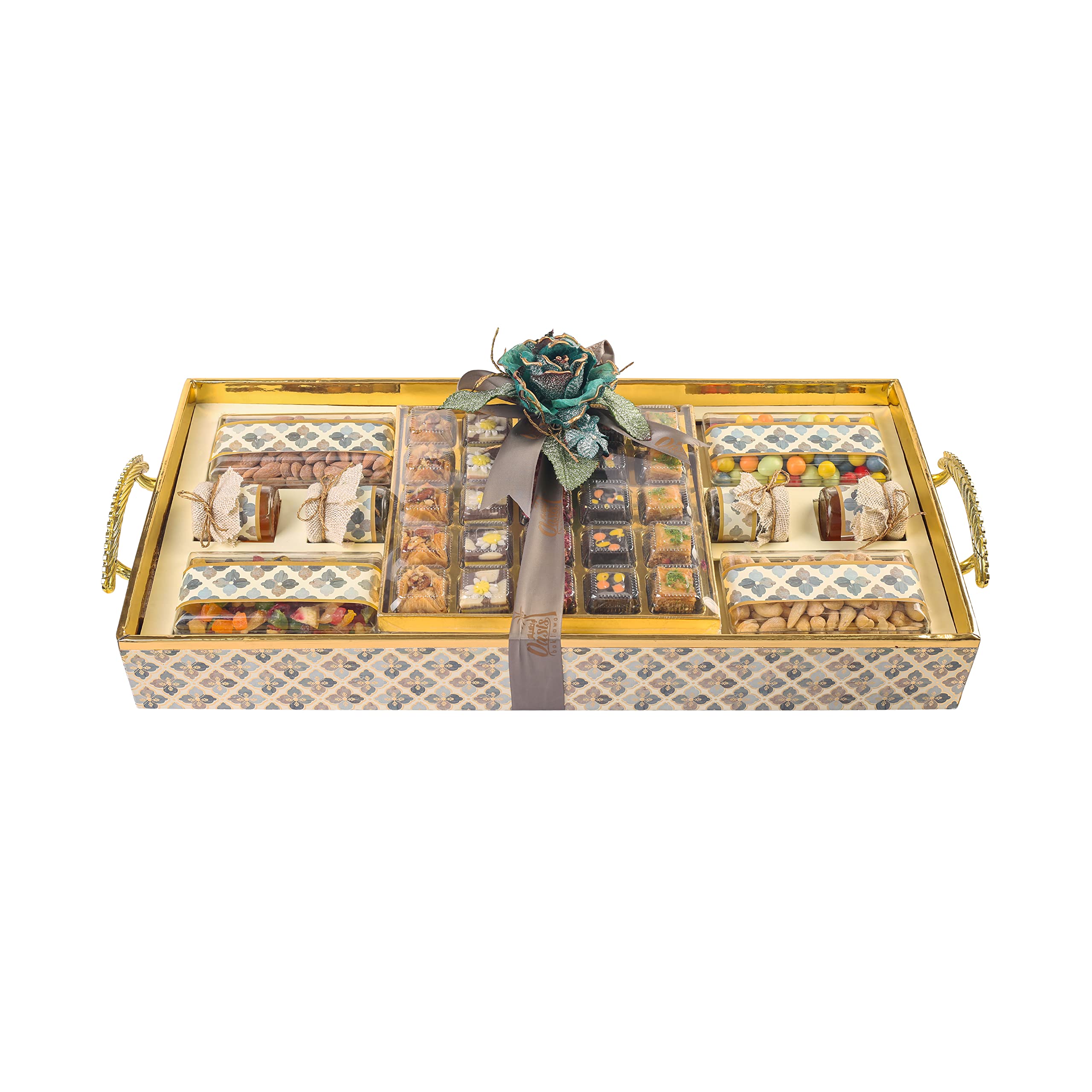 Oasis Baklawa Exclusive Extra Long MDF Tray with 15 pcs Assorted Baklava, 10pcs Fusion Sweets, cashew, almond, dragees, spiced Fruits, 2 honey and 2 Tea for Wedding, anniversary, Birthday