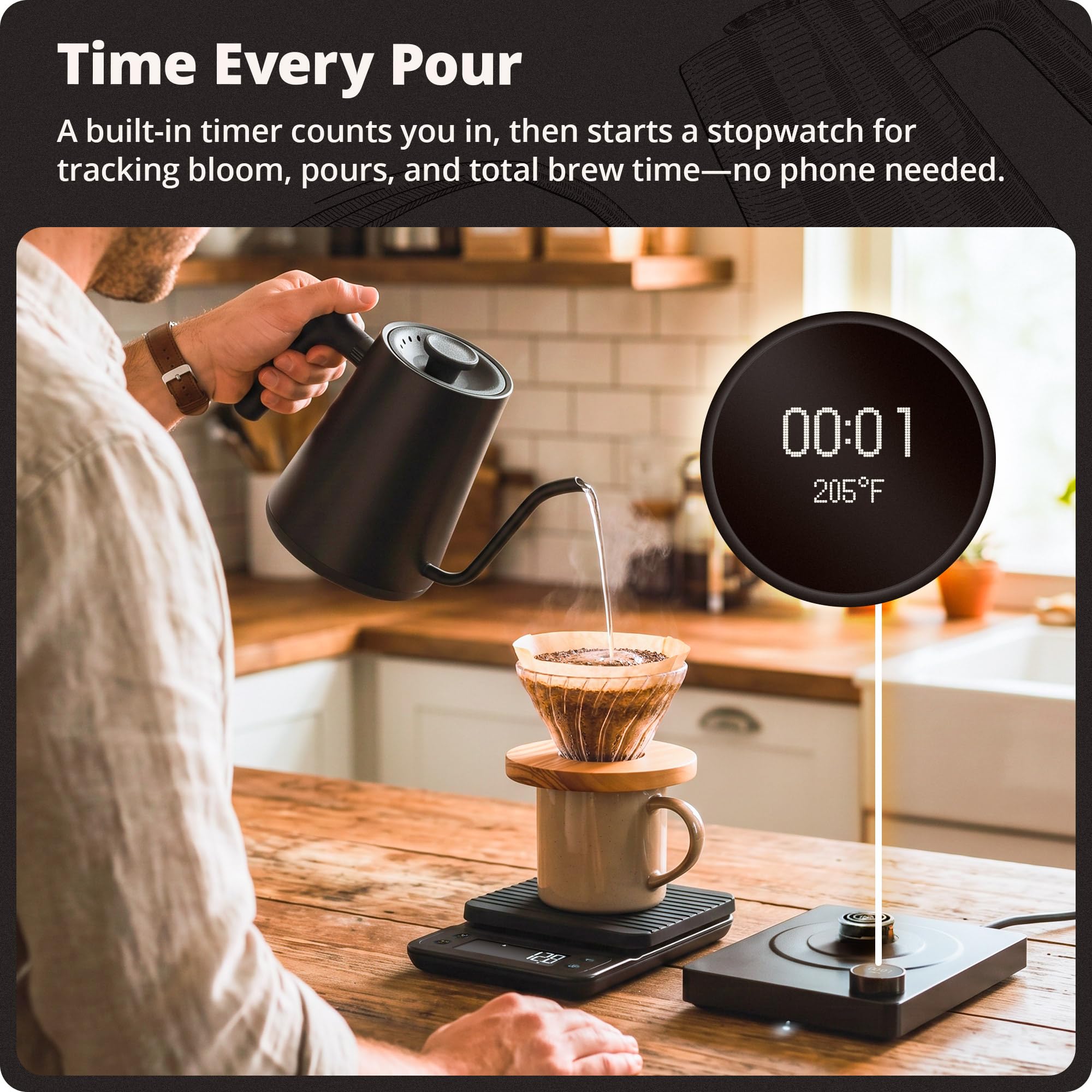 Greater Goods - Hervidor eléctrico de cuello de cisne de acero inoxidable de 1200 W con control de temperatura de precisión, ebullición rápida, sin BPA, ideal para verter sobre café y té, 0.8 L (negro