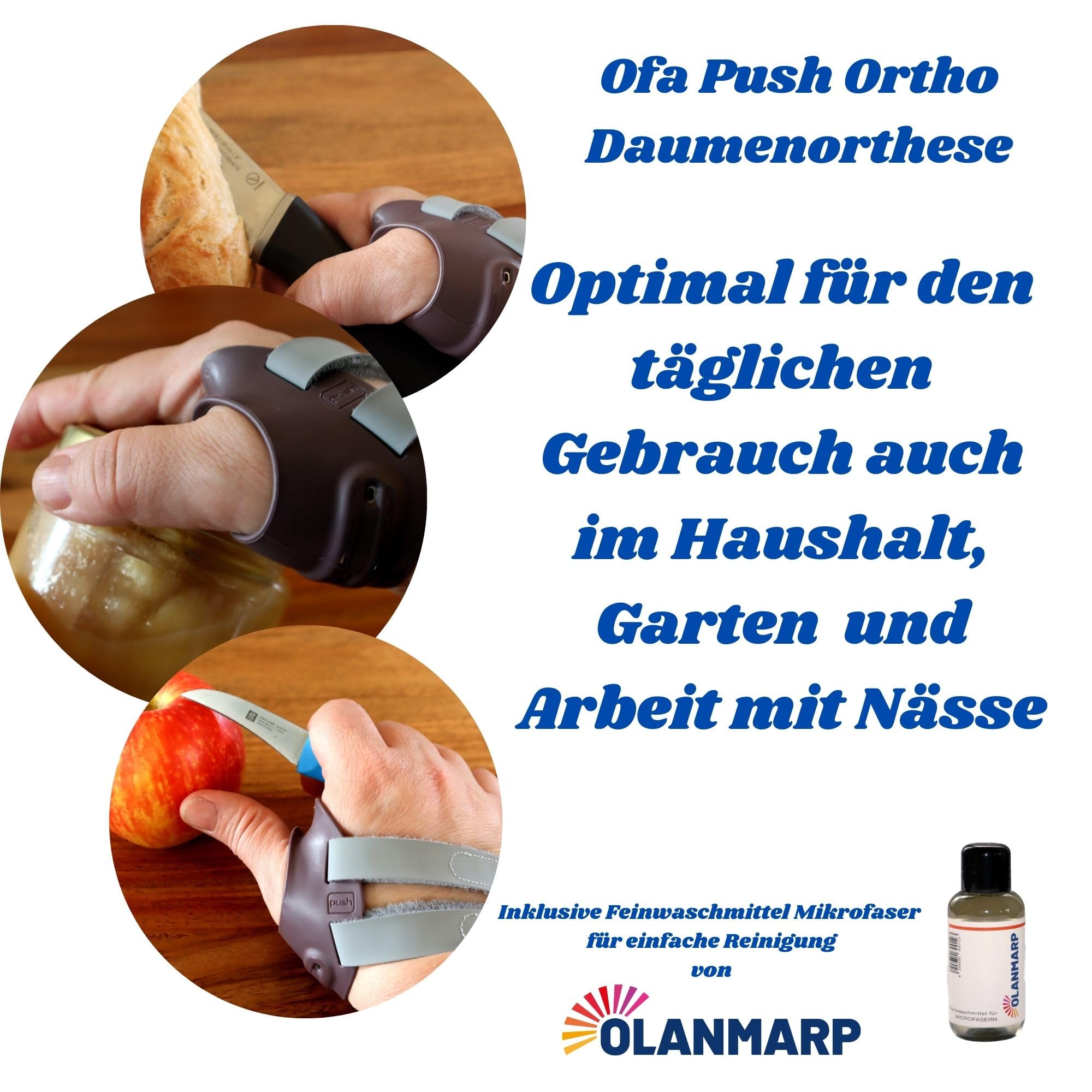 Ofa Push Ortho CMC Pulgar ortesis Osteoartritis, reduce el dolor, vendaje postoperatorio Detergente para microfibra 50 ml (derecha, talla 0)