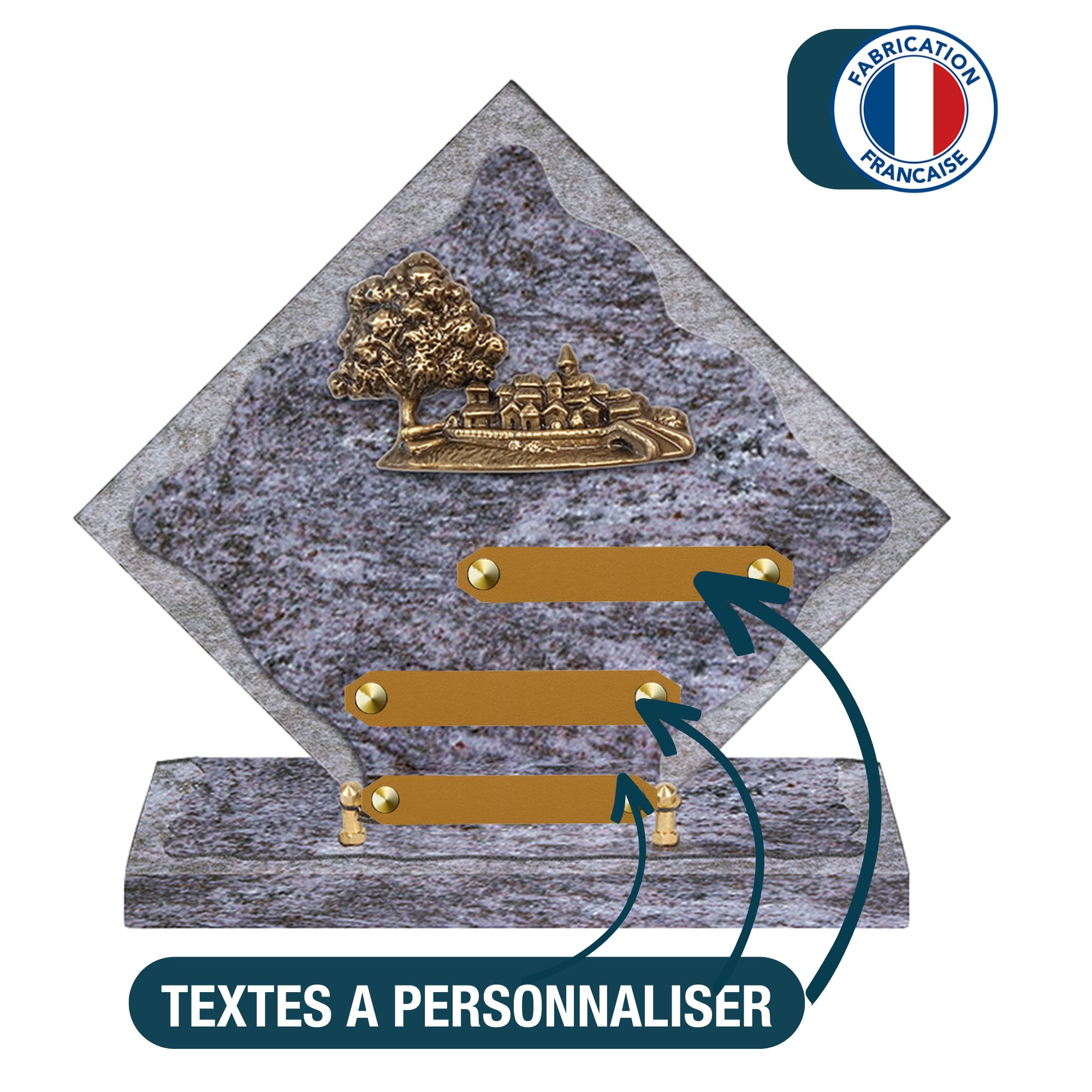 Plaque funéraire personnalisée losange - Granit - assemblée en France - bronze village - H 28 X L 28 cm - 3 textes