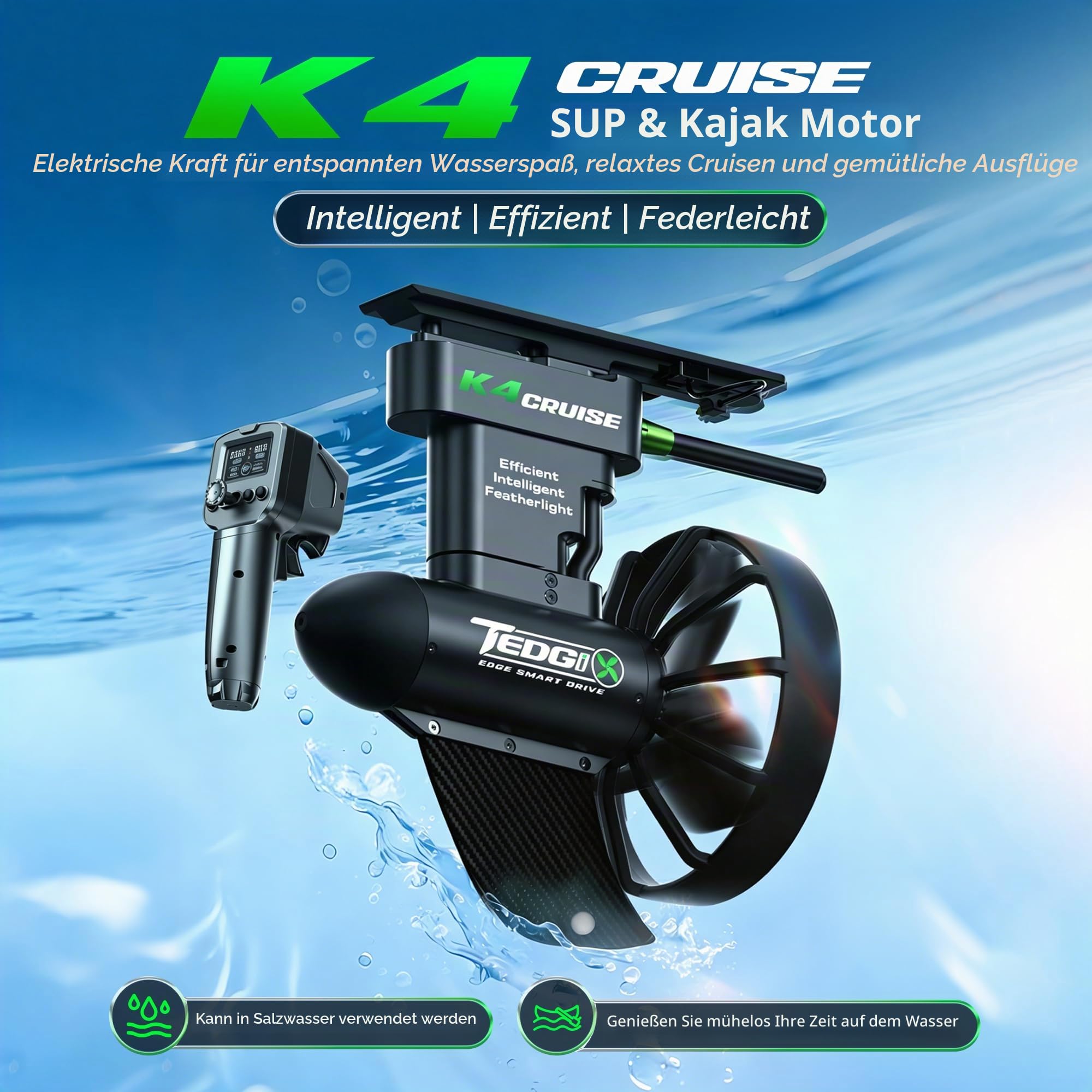 Tedgix K4C Motor für SUP&Kajak, 400W bürstenloser Unterwasserantrieb mit B4 Akku und Fernbedienung mit Tempomat, Elektrofinne für Stand Up Paddle, Boost Fin für Kanu Schlauchboot, K4 Upgraded Version