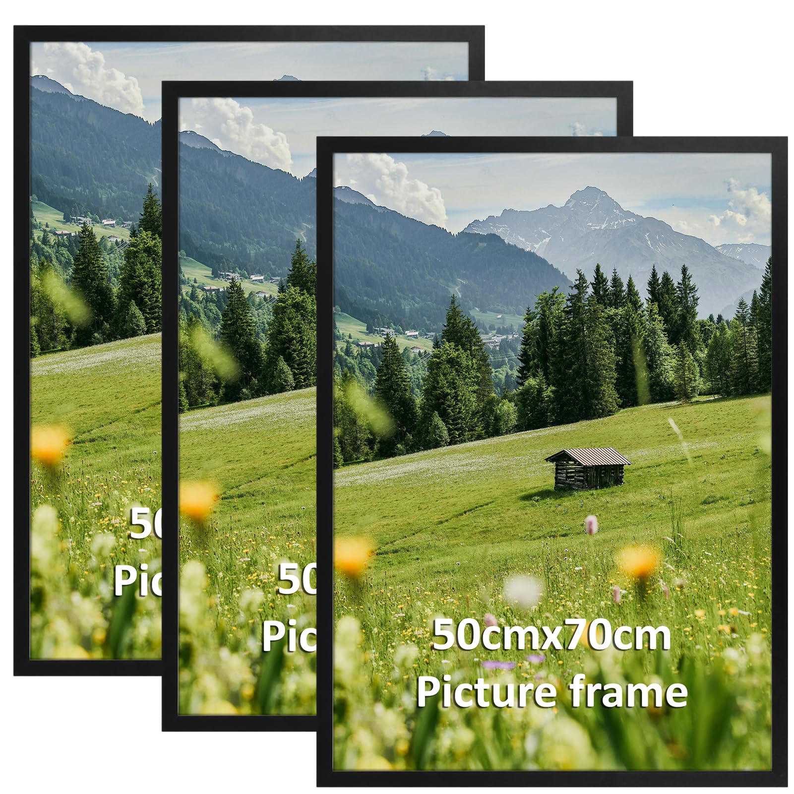 Hoikwo 50x70cm Frame Pack of 3, Black Aluminum Picture Frames 50cm x 70cm, Horizontal or Vertical Wall-Mount Design for Photos, Puzzles, and Artwork — image 1
