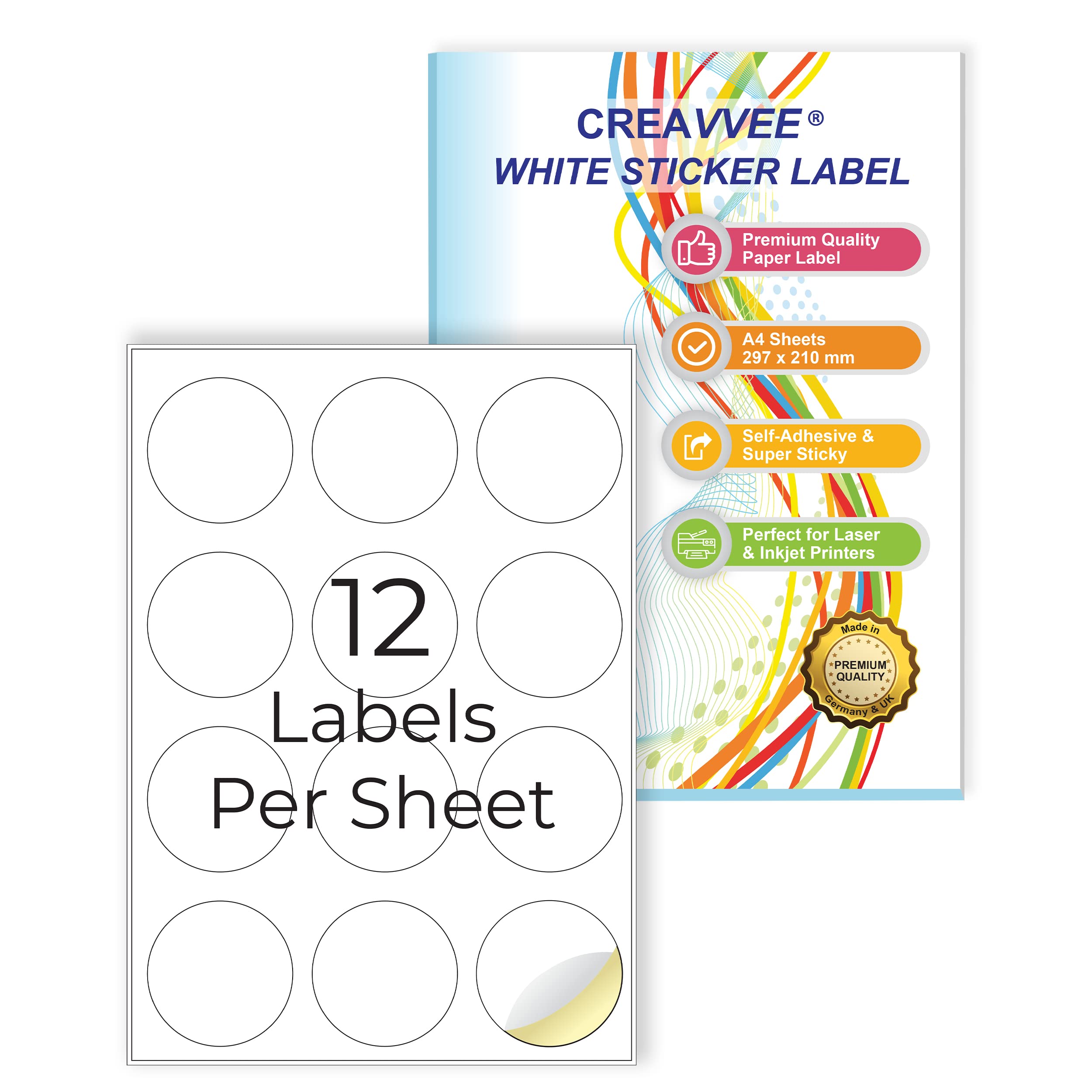 Creavvee 12 Round Label per Sheet, 25 A4 Sheets, Printable White Sticker Paper Labels for Laser/Inkjet Printers Made in Europe - Sticker Size Round 63mm
