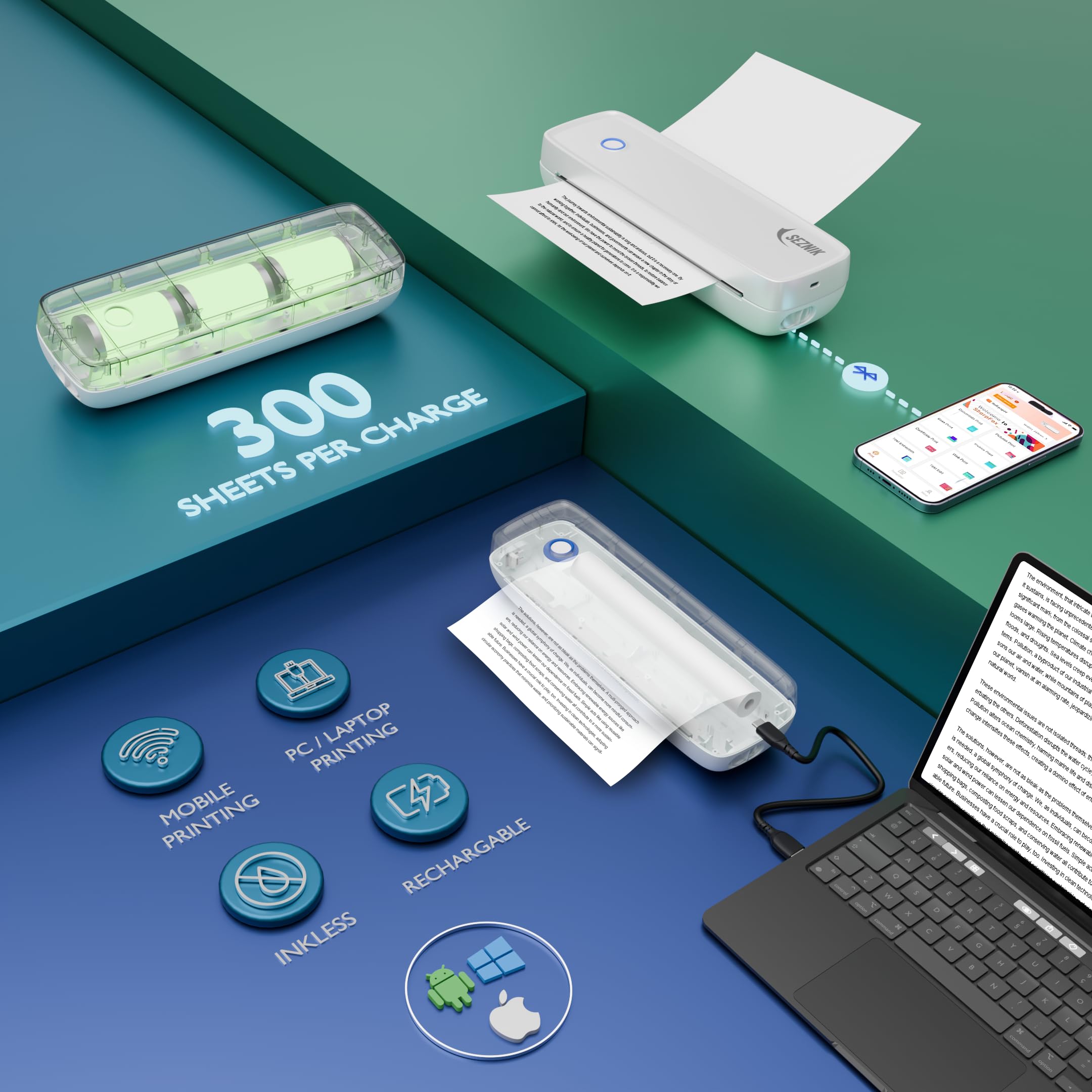 SEZNIK Portable Inkless A4 Thermal Printer | Portable Mini Printer | USB, Bluetooth Printer Android iOS | 1 Year Warranty (ProHD-304dpi-White) 2