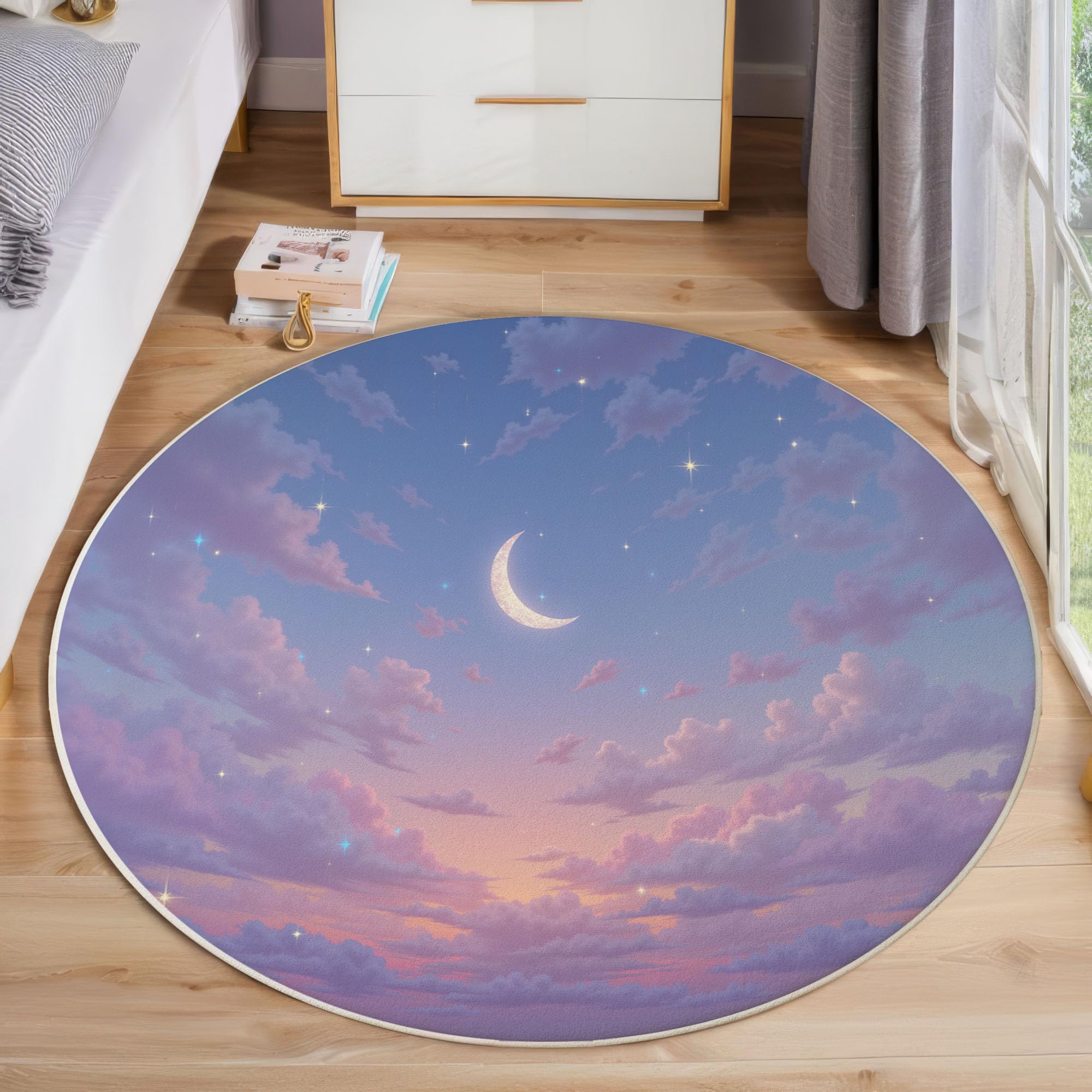 Tapis Rond 120cm Lavable Machine, Moquette Antidérapante Poil Bas Style Ciel Onirique, Motif Ciel Étoilé Lune Doux pour Salon Chambre Cuisine Nursery Bureau