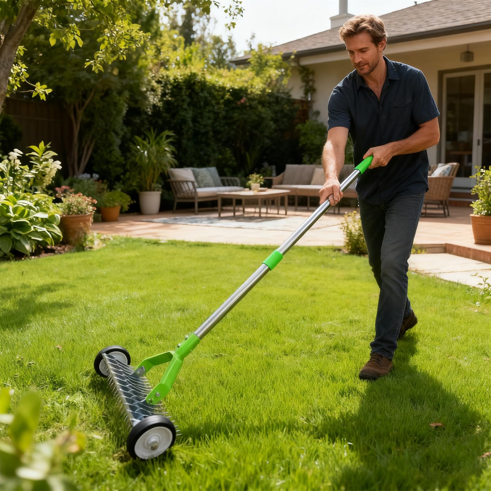 Rastrelli Per Prati Metallo Resistente Con Ruote Manico Lungo | Rastrello Da Giardino Per Rimozione Per Esterno Giardino Cortile Foglie Tappeto Erboso Allentamento Terreno Raccolta