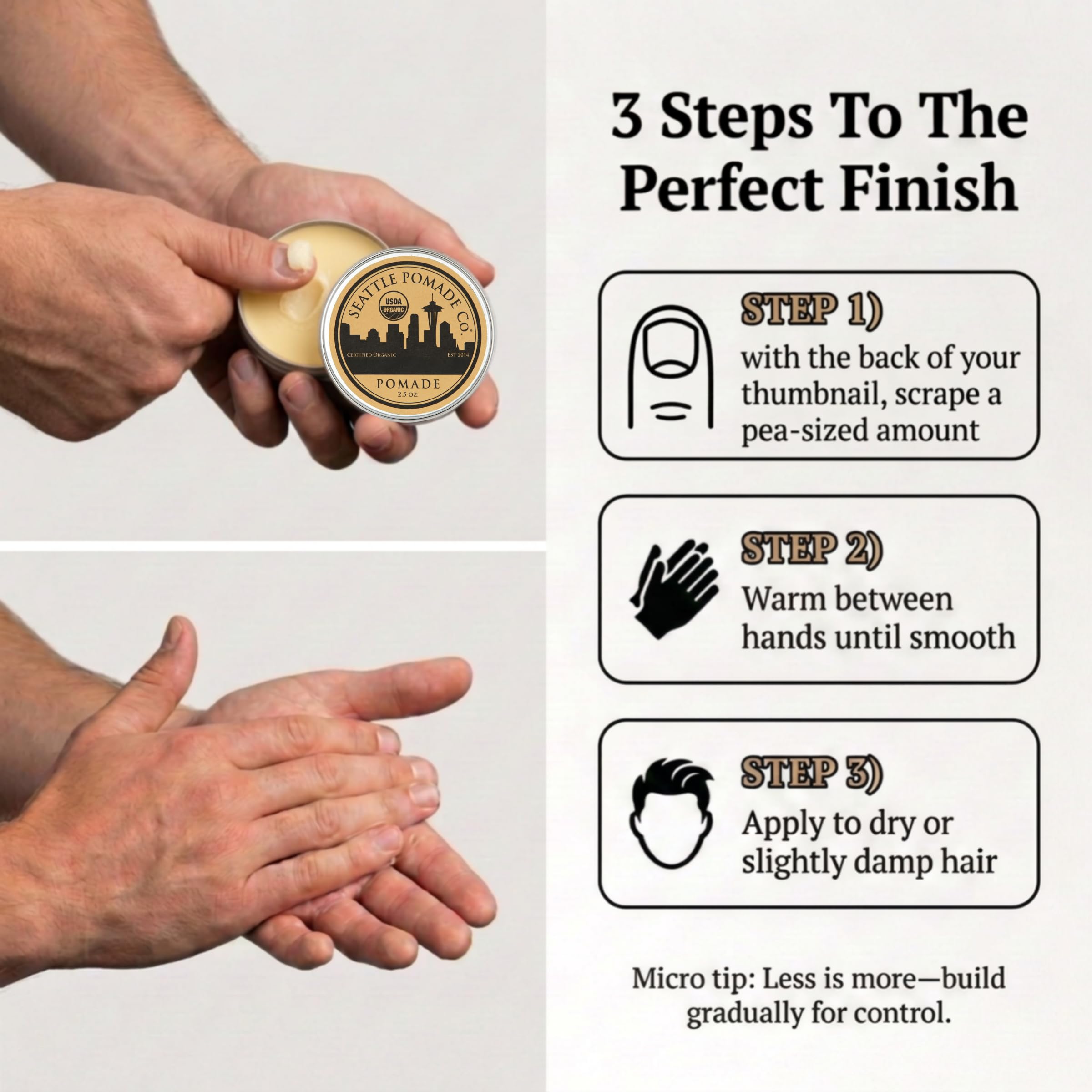Pomada hecha a mano en Seattle WA POMADE 2014 – Acabado de alto brillo de fijación media, fórmula de peinado del producto para peinados texturizados lacios, rizados o modernos, 2.5