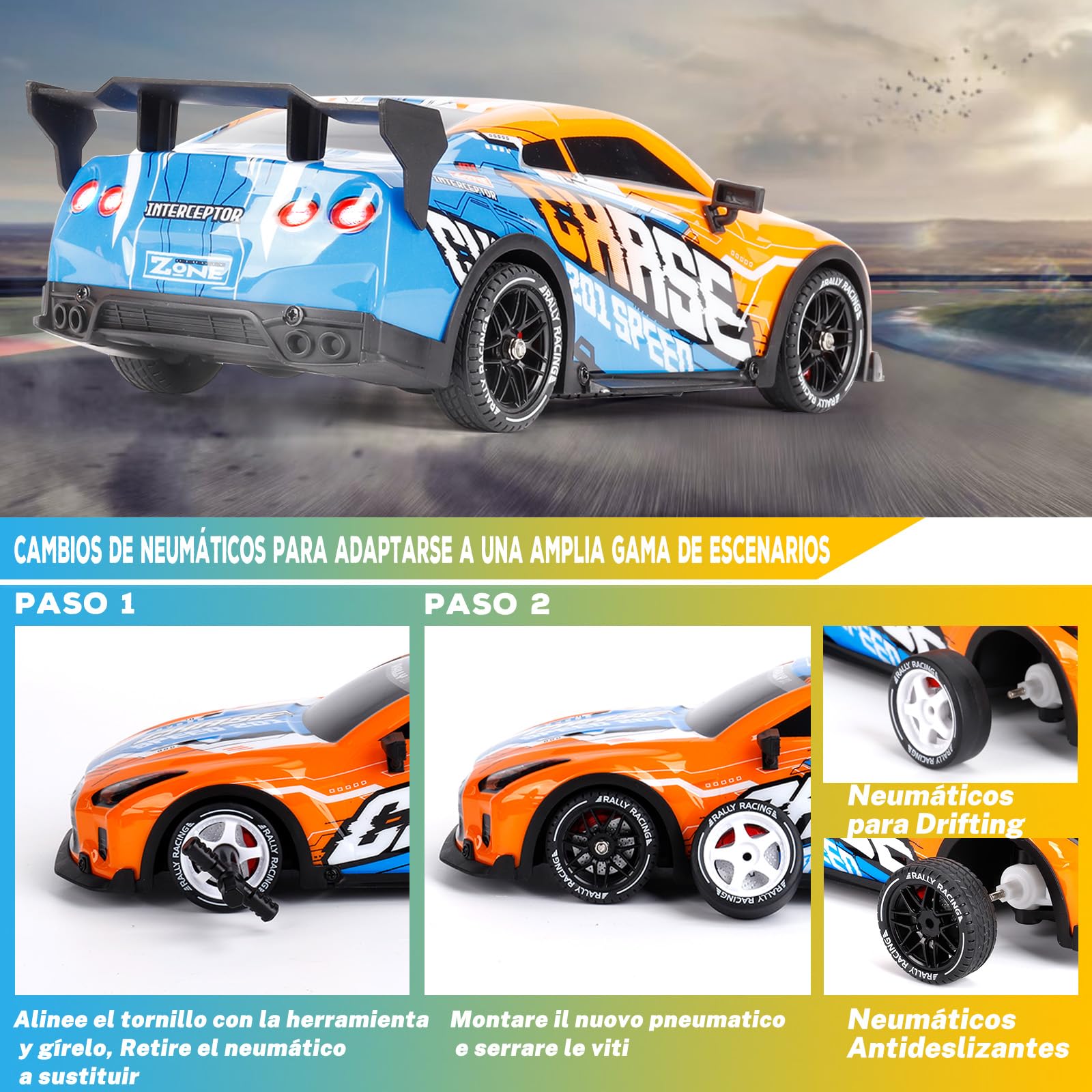 JONRRYIN Coche RC Drift, 1:14 Coche Teledirigido Drift, 25km/h 4WD Coche de Carreras Teledirigido con Kit Barricada, Luces LED, Radiocontrol Car de Juguete para Adultos y Niños Mayores de 8 Años