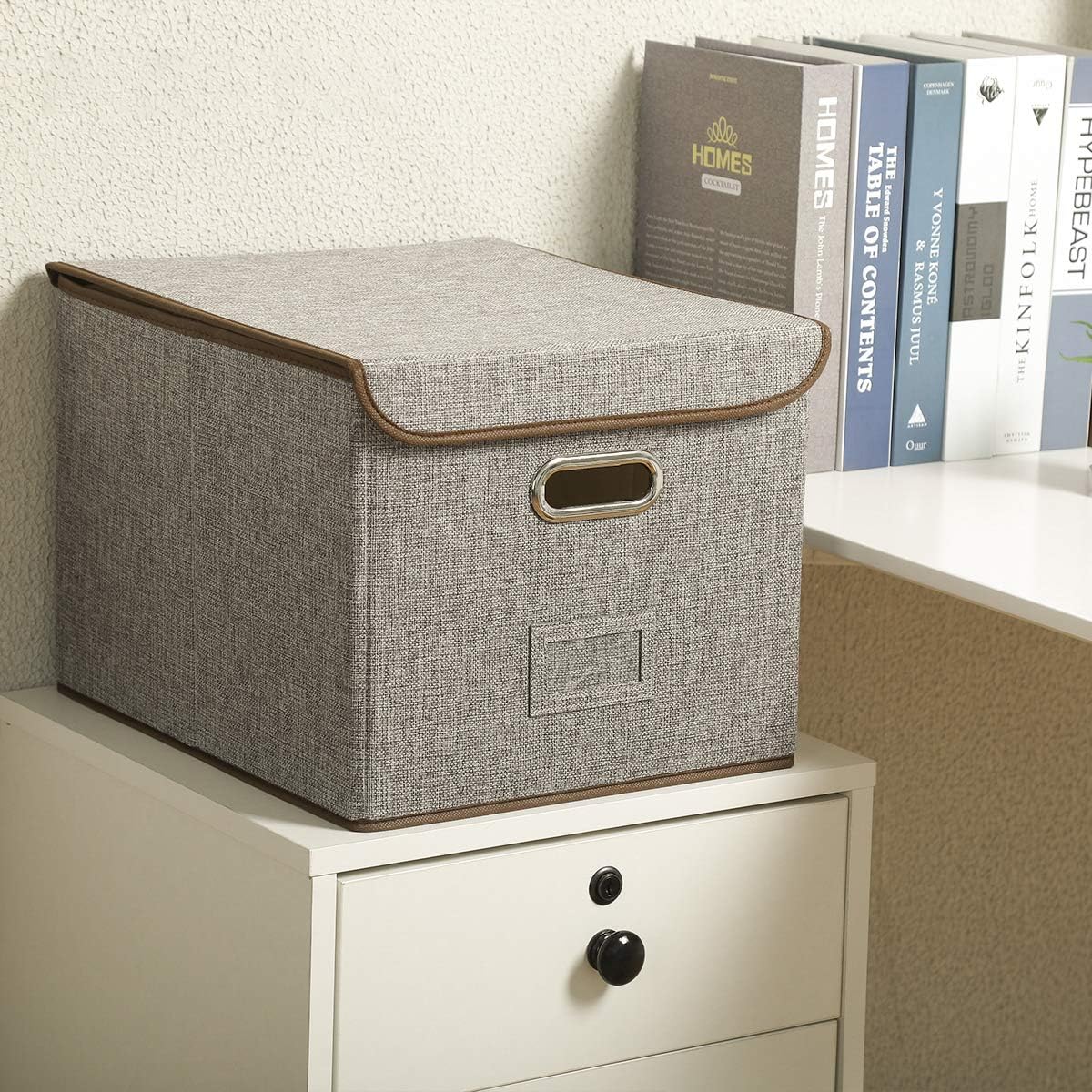 Collapsible File Box with Lid [1-Pack] Linen Document File Storage Organizer Filing Box, Home Office Bin, Letter Size Legal Size, Gray
