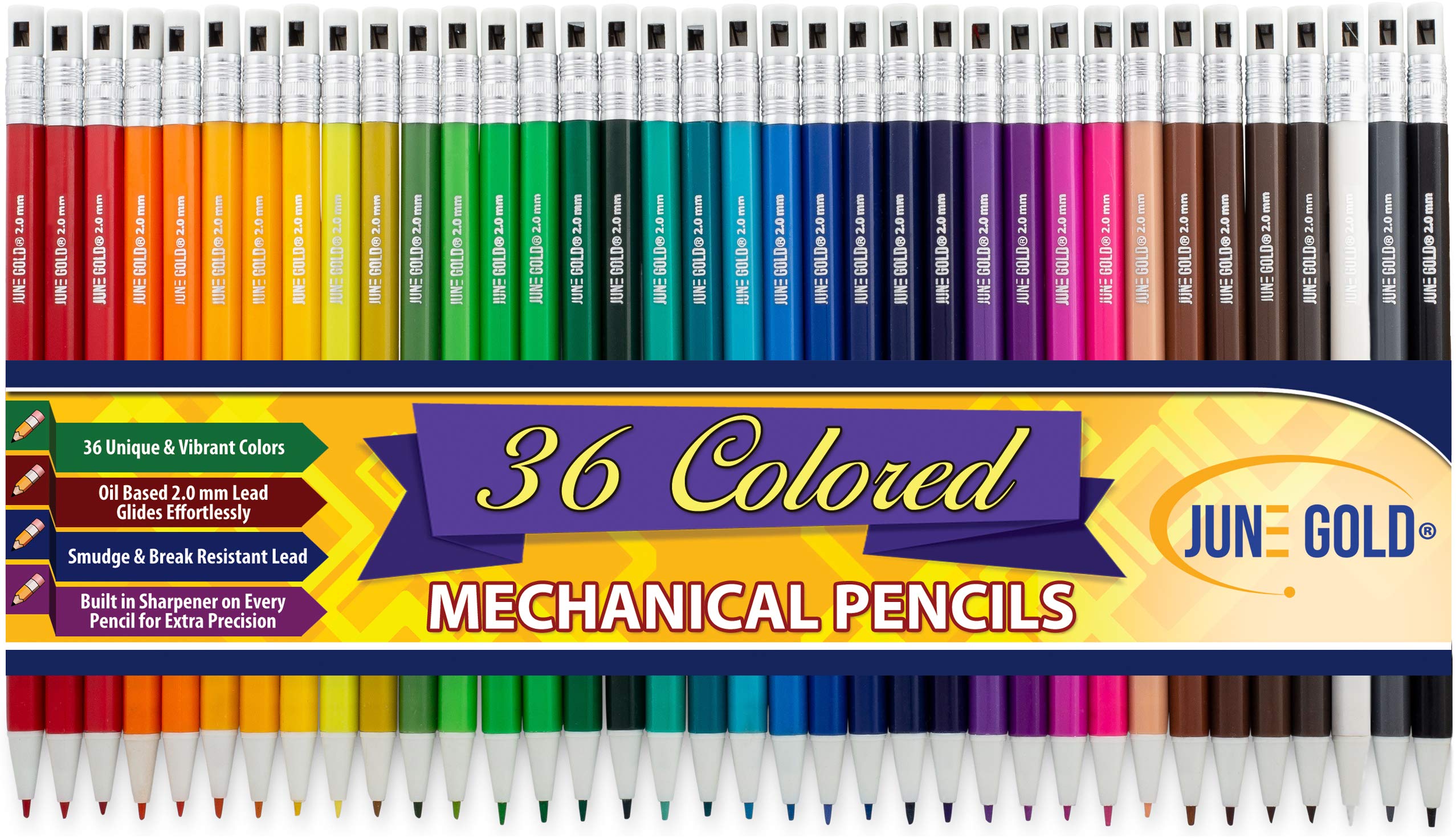 June Gold36 Assorted Colored 2.0 mm Mechanical Pencils, 36 Unique Colors, Bold Thickness, Built in Sharpeners