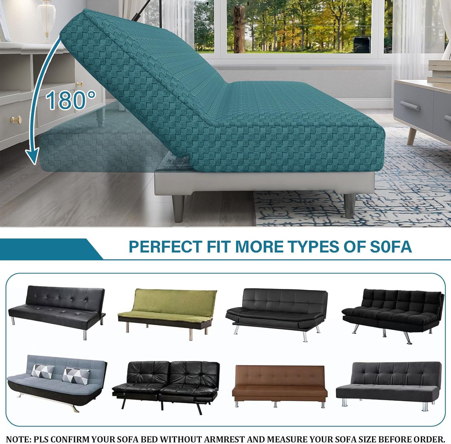 Futon Slipcover, Checkered Futon Cover Stretch Spandex Armless Sofa Cover Universal Washable Living Room Furniture Protector-Teal-170-210cm(67-82.7in)