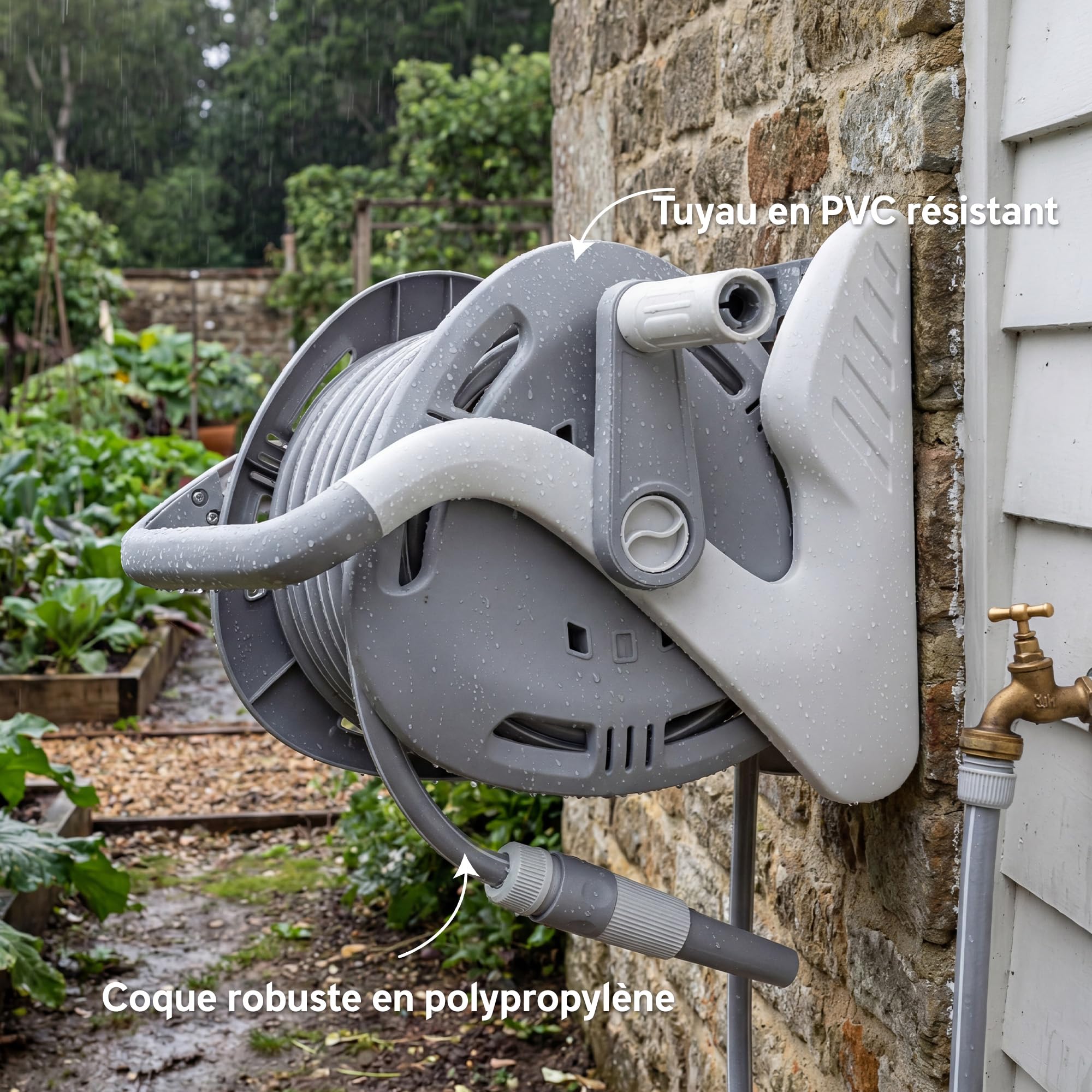 Outsunny Enrouleur Tuyau Arrosage Mural 20+2 m x Ø 15 mm Manivelle Gris | Dévidoir de Tuyaux d'Eau Portable, Buse à 2 Modes, pour Pelouse, Garage, Lavage de Voiture et Arrosage