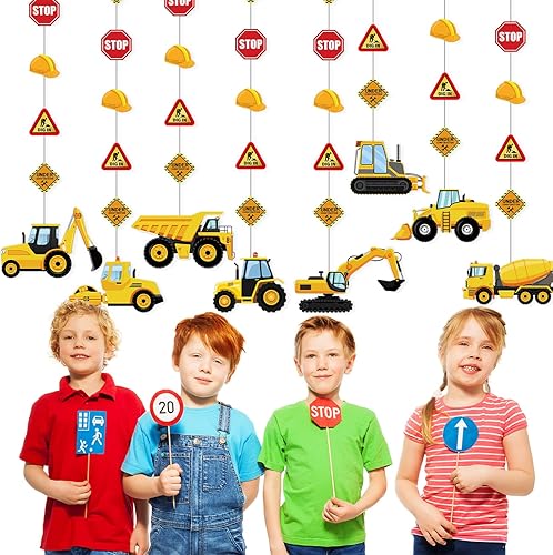 Miniatura 5 de Faccito Paquete de 8 pancartas de construcción para fiestas, decoración de zona de tráfico, guirnalda de papel de cumpleaños, recortes colgantes