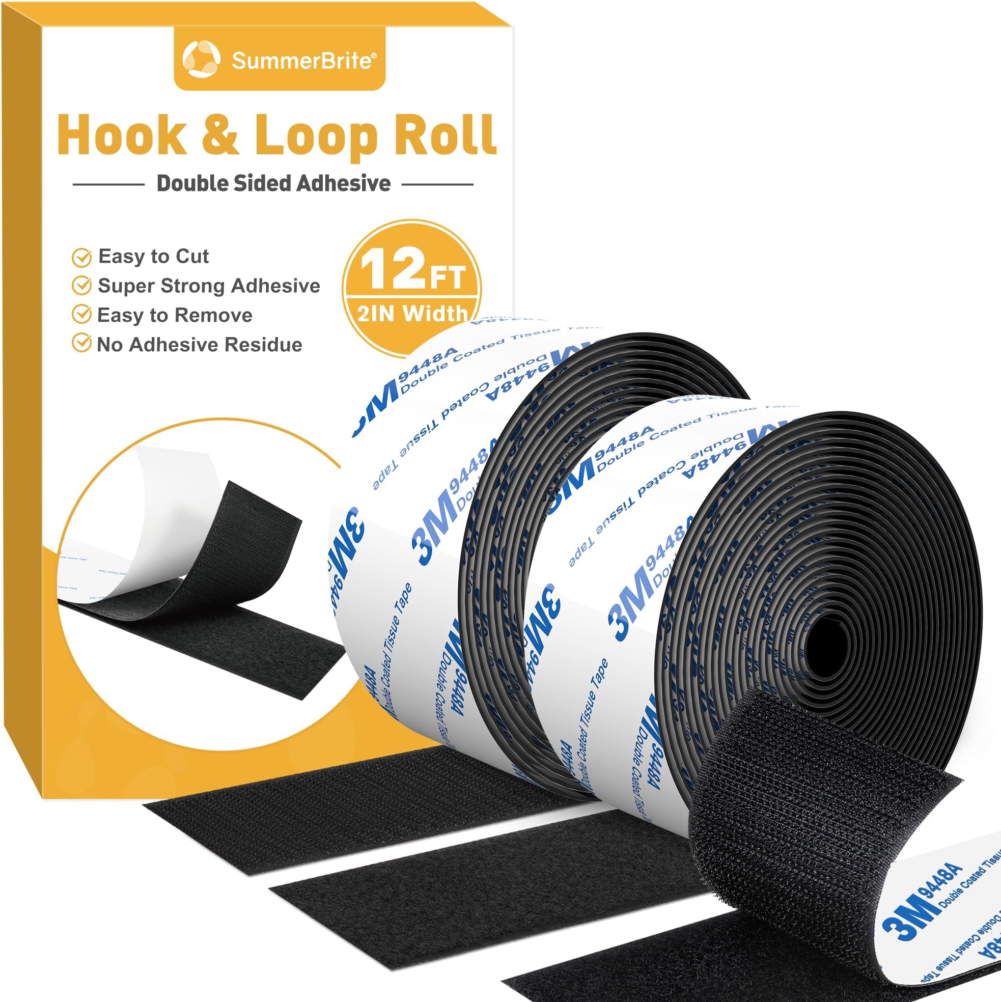 Hook and Loop Tape 12ft x 2 inch Double Sided Adhesive Strips Heavy Duty Strong Adhesive Fastener Roll Interlocking Tape Fasteners Cuttable for Home Office Car School and