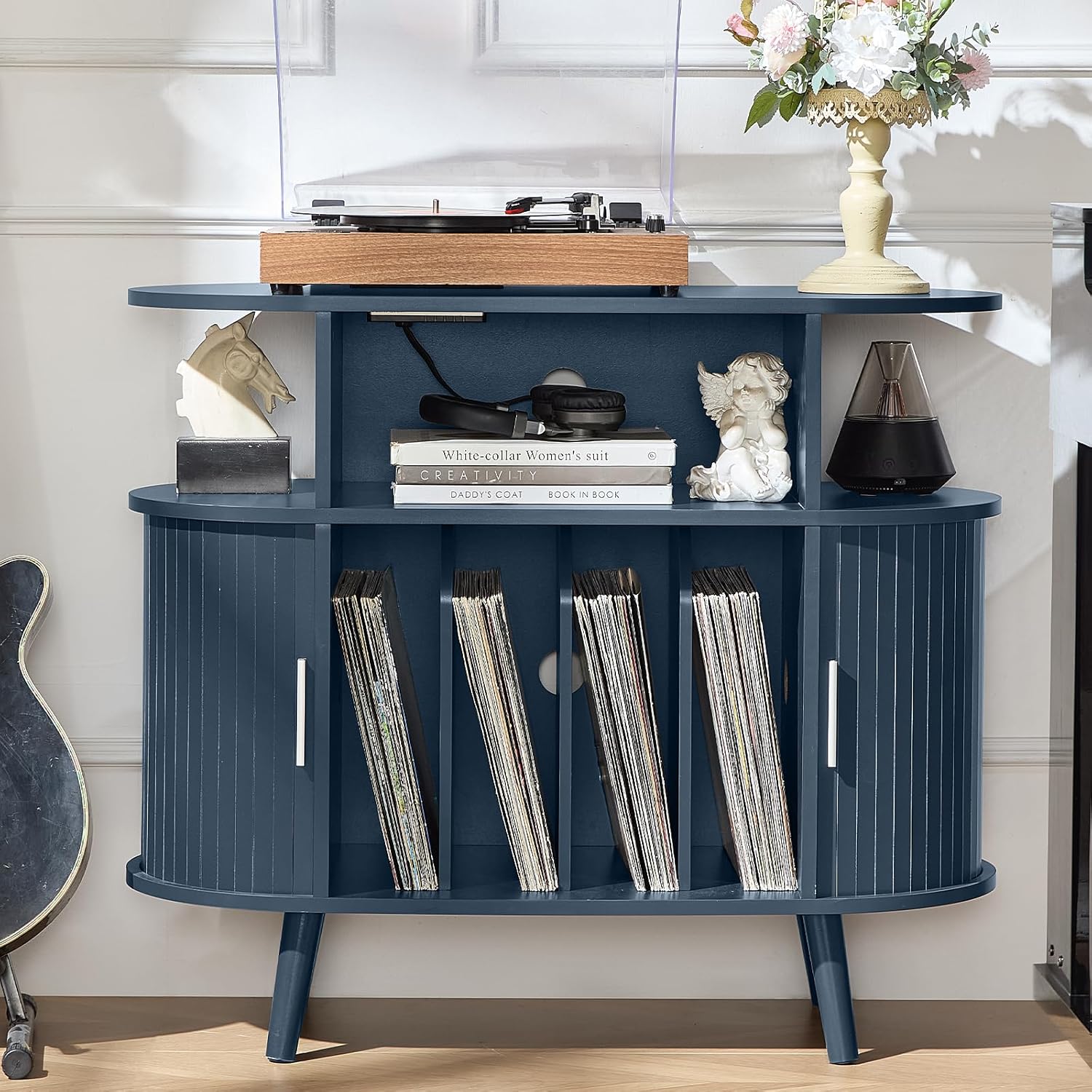 LELELINKY Large Round Record Player Stand with Charging Station & Fluted Display Shelf, Blue Mid Century Modern Turntable Cabinet with Vinyl