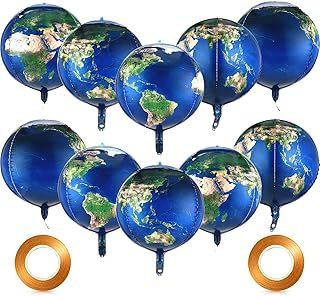 Gejoy 10 Pack 22 Inch Inflatable Earth Globe Balloons Big Blow up World Map Balloons Planet Foil 4d Globe Inflatables 2 Rolls Ribbons for Bon Voyage Party Decor Around The World Space Theme Supplies
