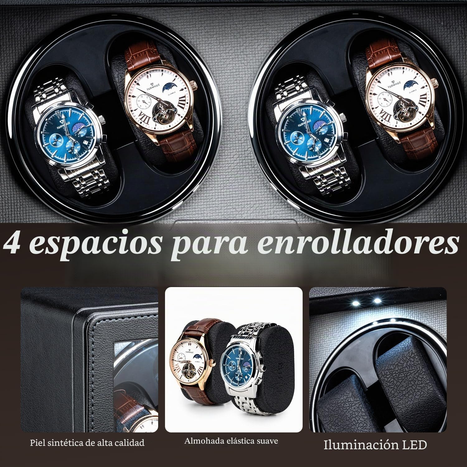 Mcbazel Cajas Giratorias para Relojes 4 Relojes, Reloj Automático Cajas con Luz LED Rectangular de Cuero PU con Motor Silencioso, USB-C Watch Winder con 4 Modos - Negro